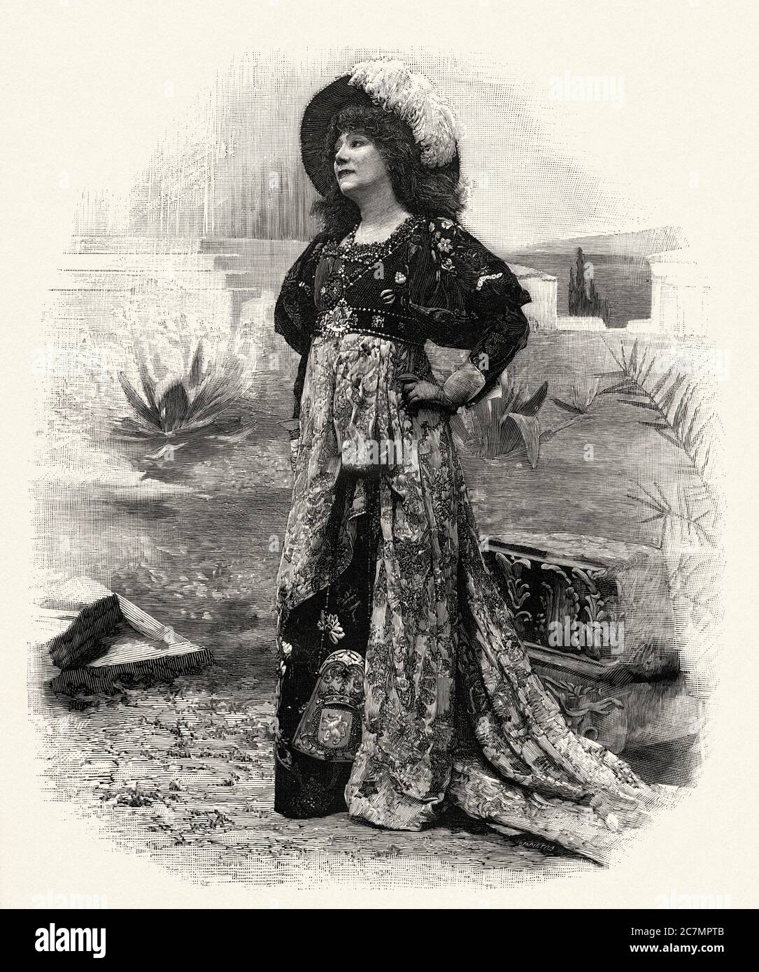 Ritratto di Sarah Bernhardt (1844 - 1923) attrice francese che ha recitato in alcune delle più popolari opere francesi della fine del XIX secolo e degli inizi del XX secolo. Soprannome la Divina Sarah, Parigi, Francia. Da la Ilustracion Española y americana 1895 Foto Stock