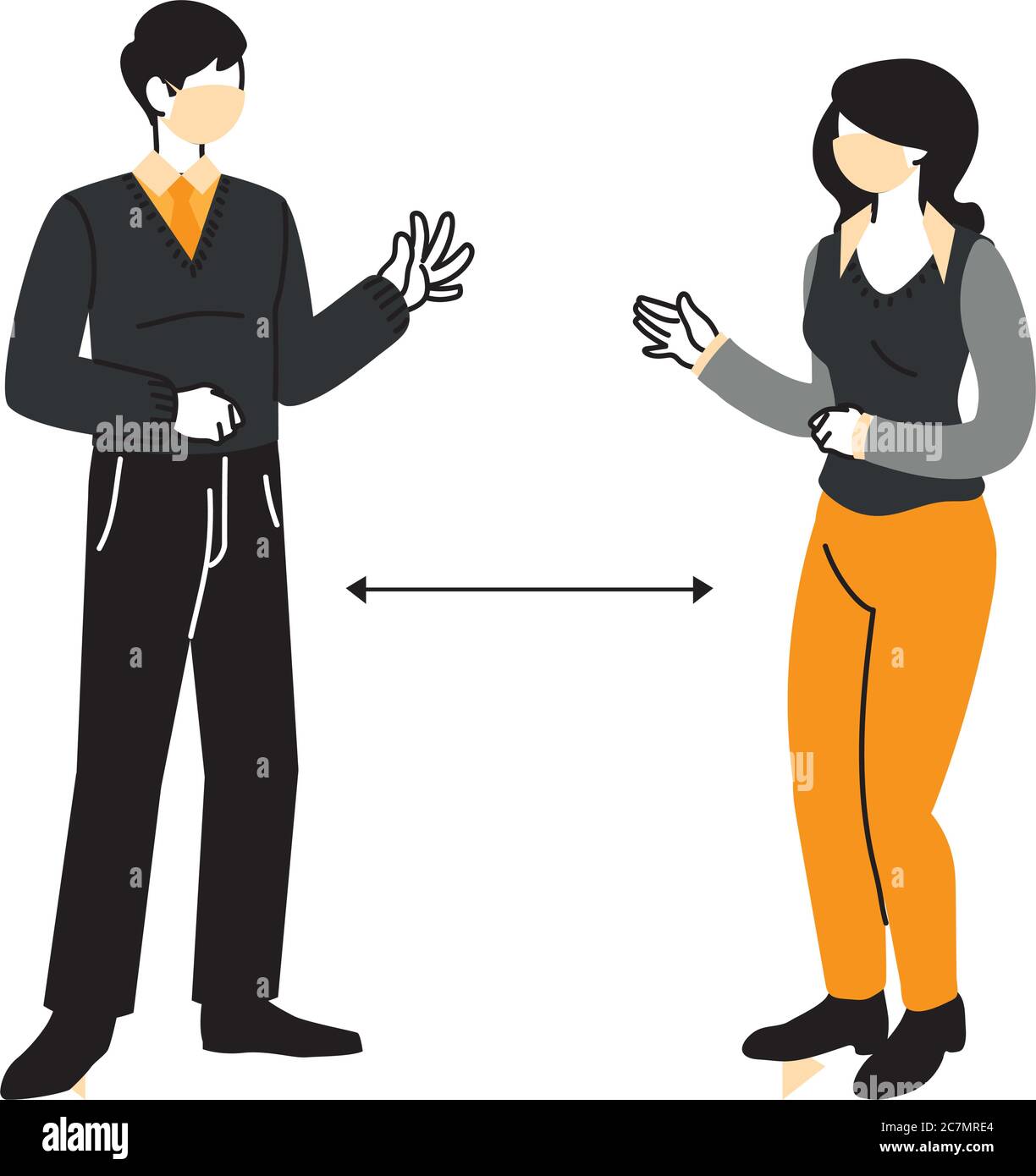 lavoratori di sesso maschile e femminile che indossano maschere in ufficio con distanza consentita disegno vettoriale illustrazione Illustrazione Vettoriale
