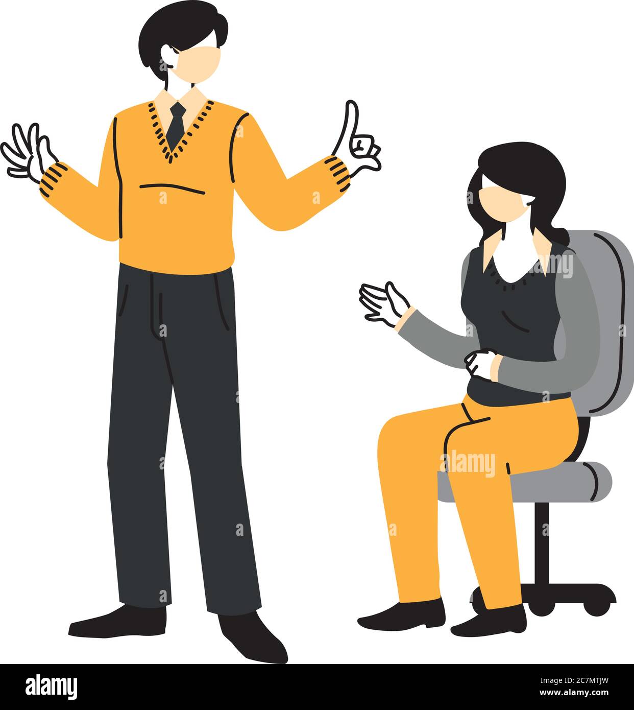 Uomo d'affari e donna che indossano maschera medica viso in ufficio vettore disegno illustrazione Illustrazione Vettoriale