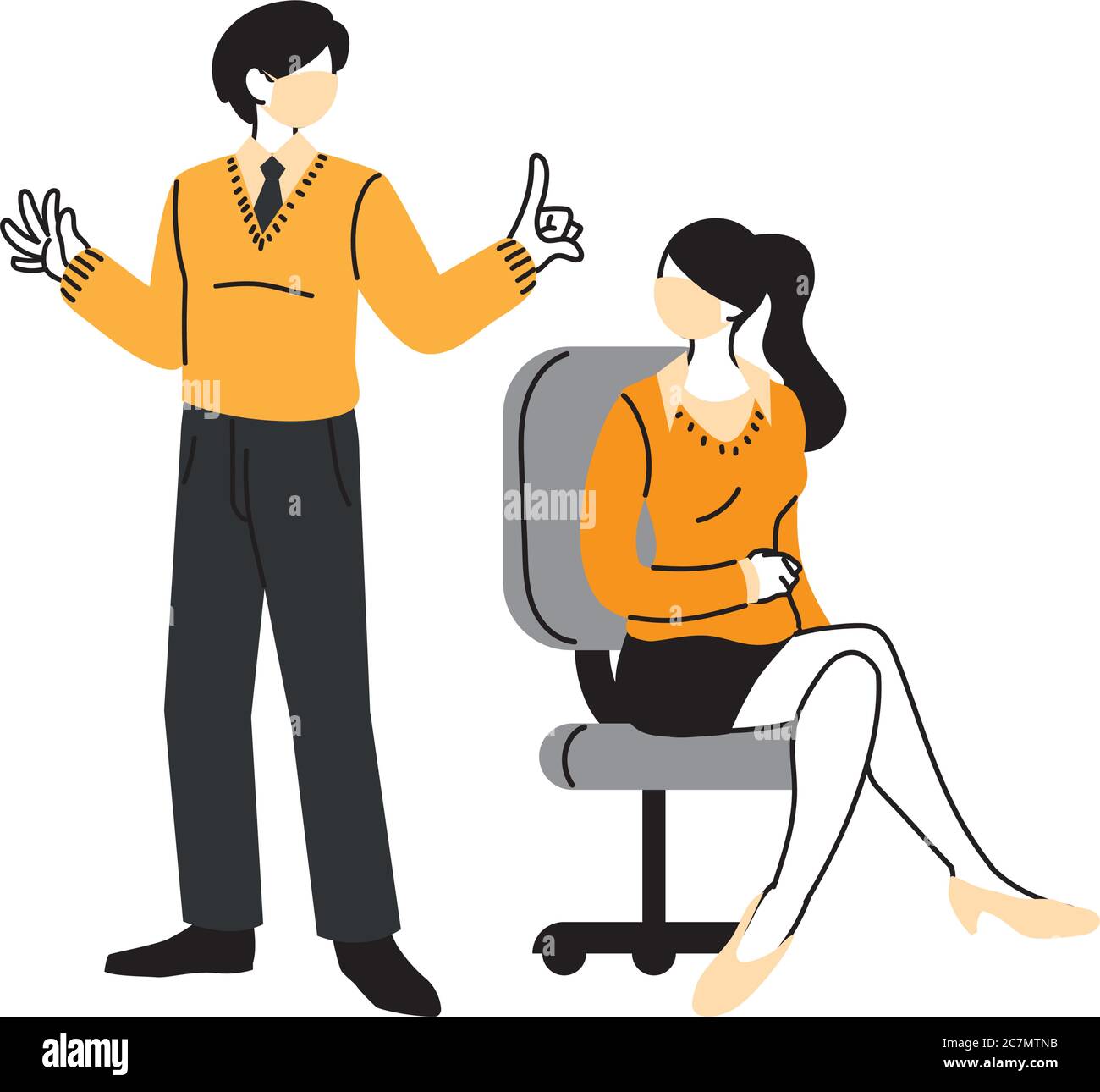 Uomo d'affari e donna che indossano maschera medica viso in ufficio vettore disegno illustrazione Illustrazione Vettoriale