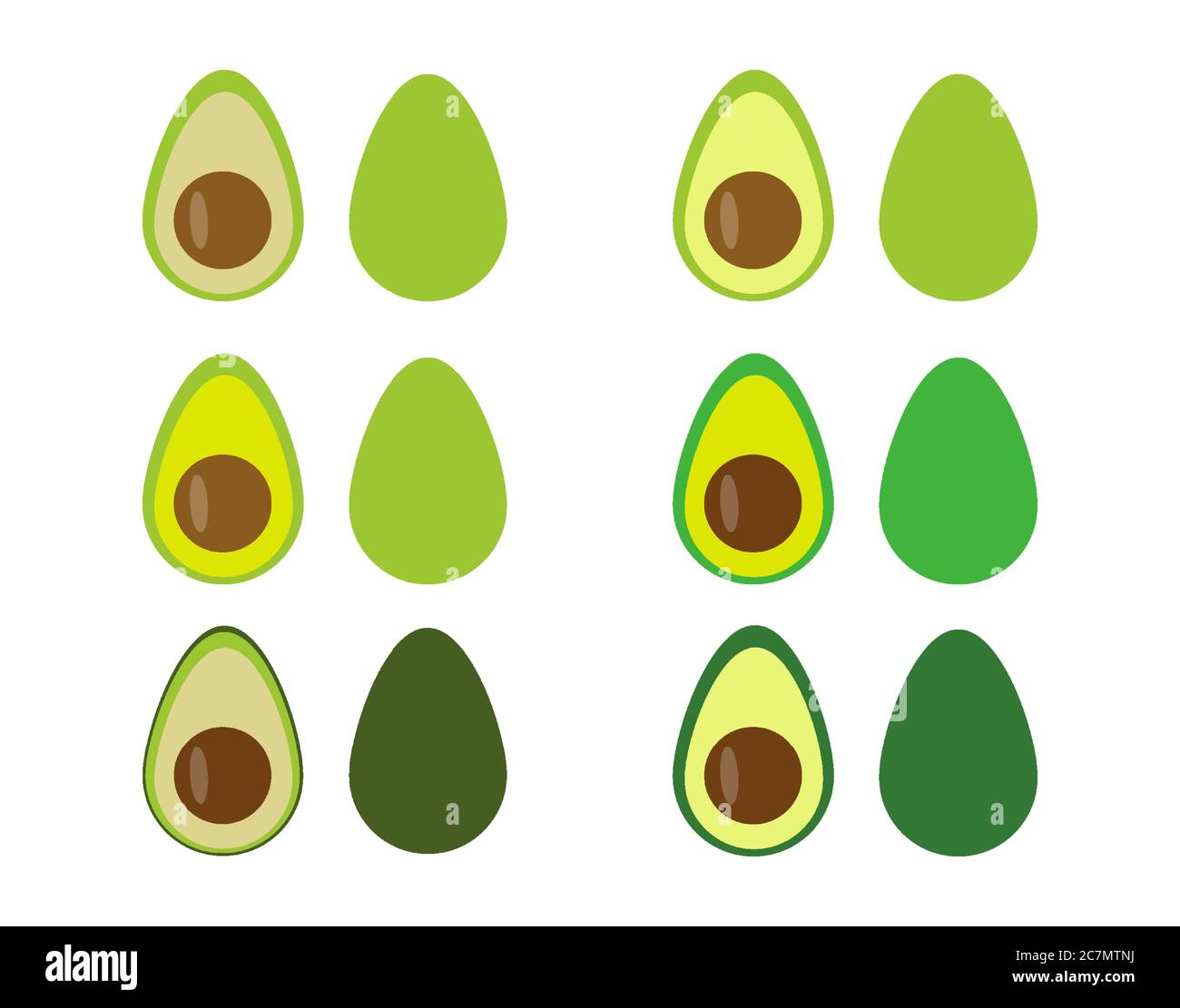 Frutta di avocado intera e tagliata in stile piatto. Isolato su sfondo bianco. Illustrazione Vettoriale