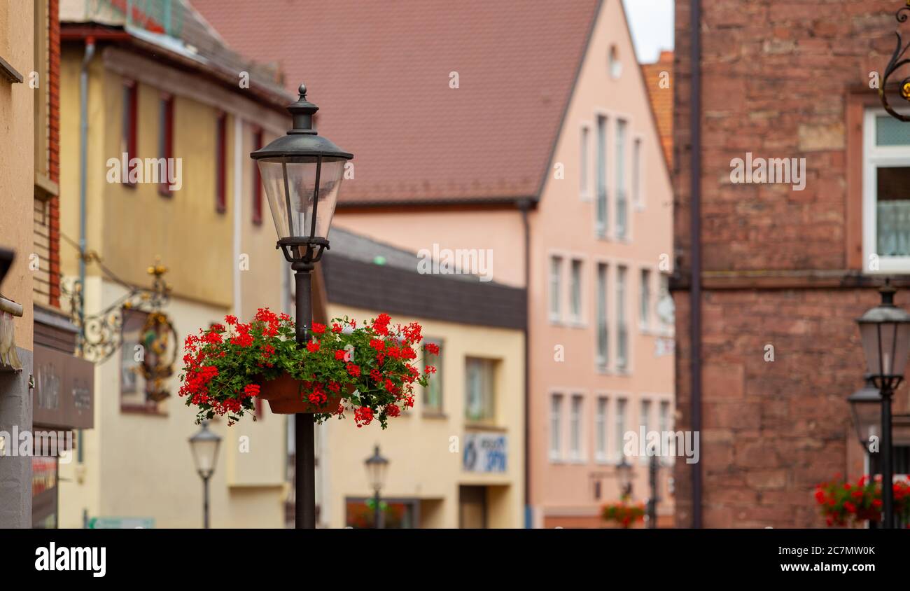 Lampada da strada con fiori e una strada sullo sfondo. Foto Stock