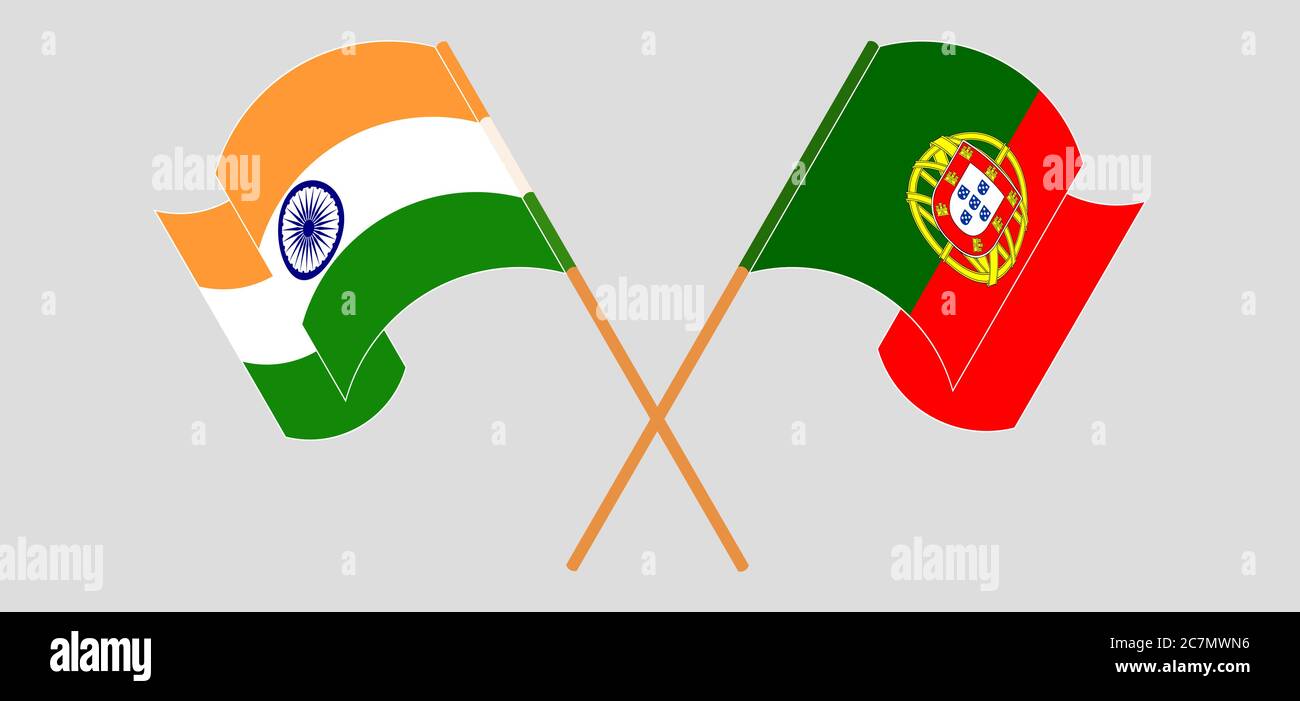 Bandiere incrociate e sventolanti dell'India e del Portogallo. Illustrazione vettoriale Illustrazione Vettoriale