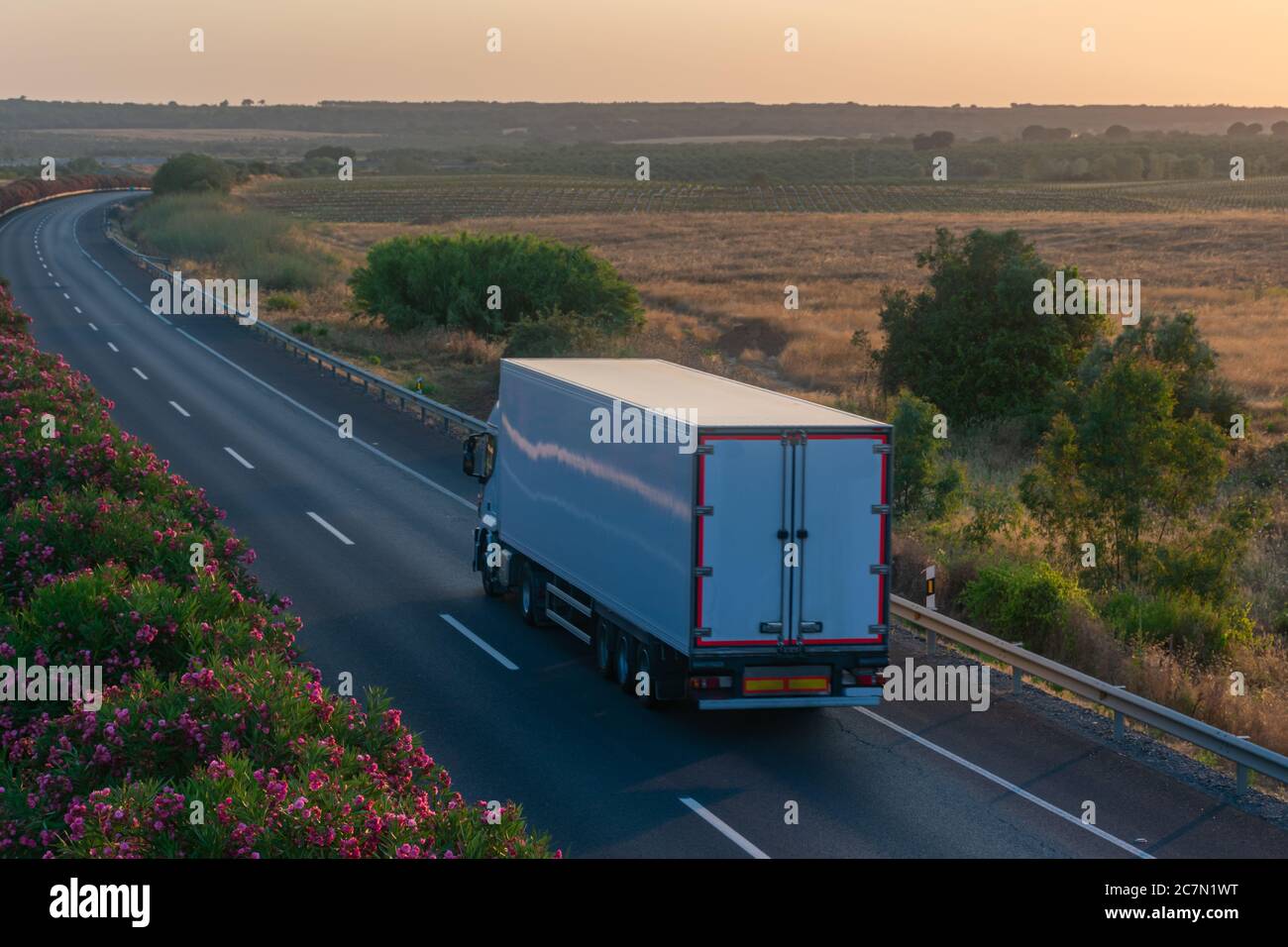 Autocarro con semirimorchio refrigerato in autostrada Foto Stock