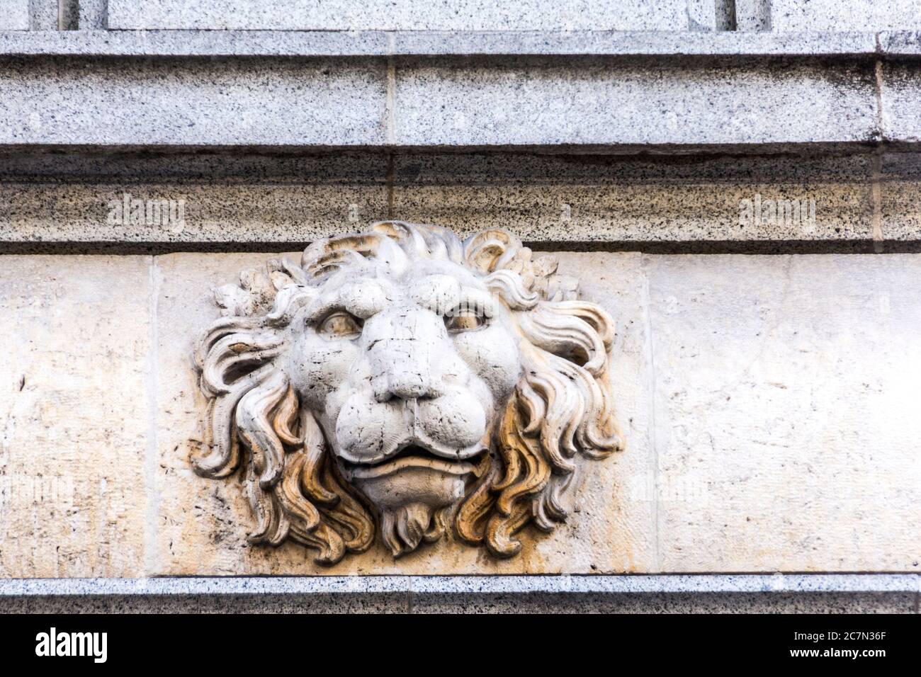La testa di un leone che decora il muro di un edificio; Barcellona, Spagna. Foto Stock