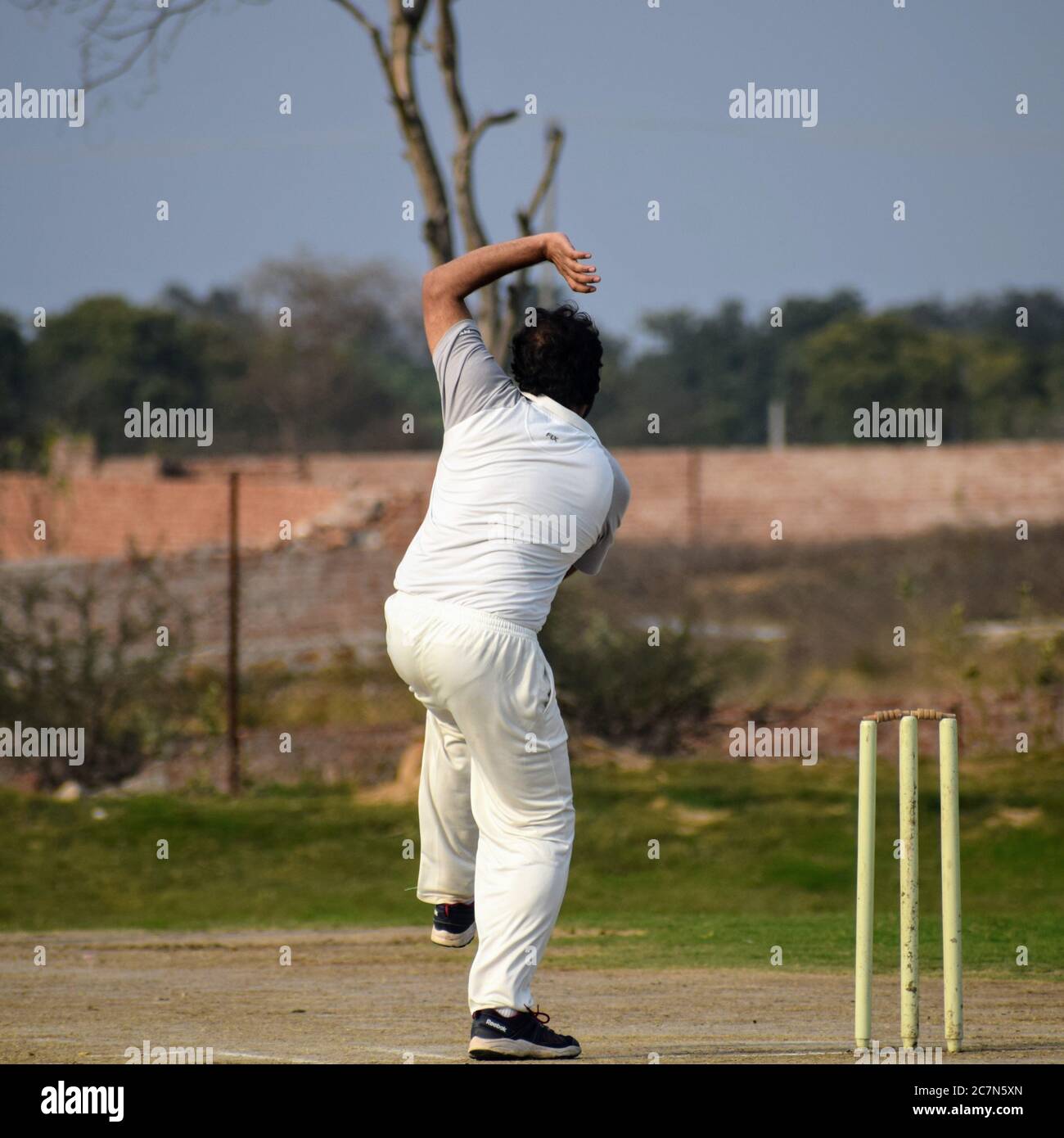 Tutta la lunghezza di gioco di cricket sul campo durante il giorno di sole, Cricketer sul campo in azione, giocatori che giocano partita di cricket sul campo durante il giorno ti Foto Stock