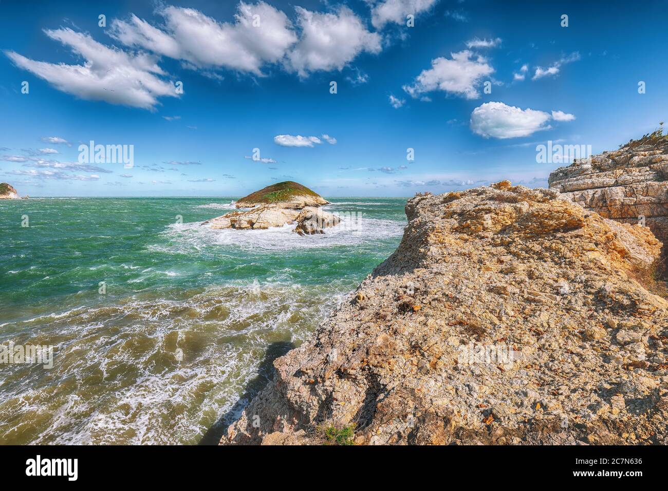 Sopra le scogliere sulla costa di Vieste. Estate costa rocciosa del mare Baia di campi Vieste sulla penisola del Gargano, Puglia, Italia Foto Stock