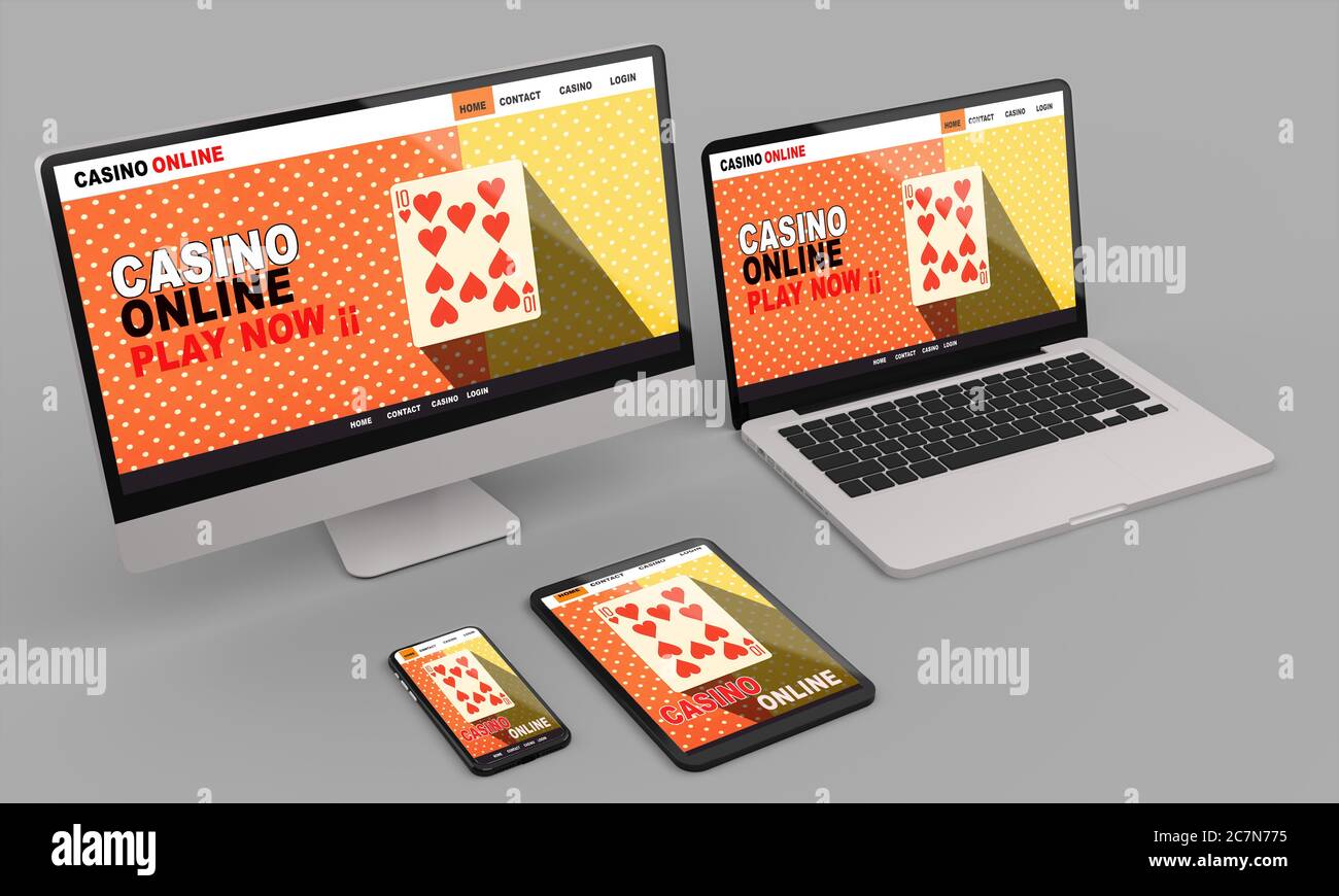 Computer desktop sul tavolo del mockup Office rendering 3d. 3D illustrazione.Casino online concetto Foto Stock