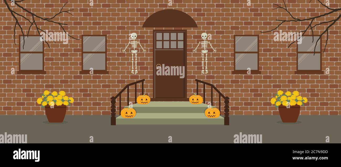 Portico, decorato per Halloween. Decorazioni Halloween sul portico anteriore. Ci sono scheletri, zucche e pentole di crisantemi su uno sfondo di mattoni Illustrazione Vettoriale