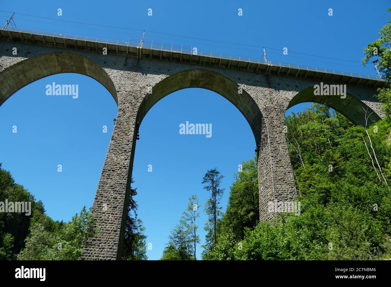Sitterviaduct SOB, un ponte ferroviario in vista frontale e in prospettiva verso l'alto. Appartiene al ponte di San Gallo Sentiero escursionistico nella Svizzera orientale. Foto Stock