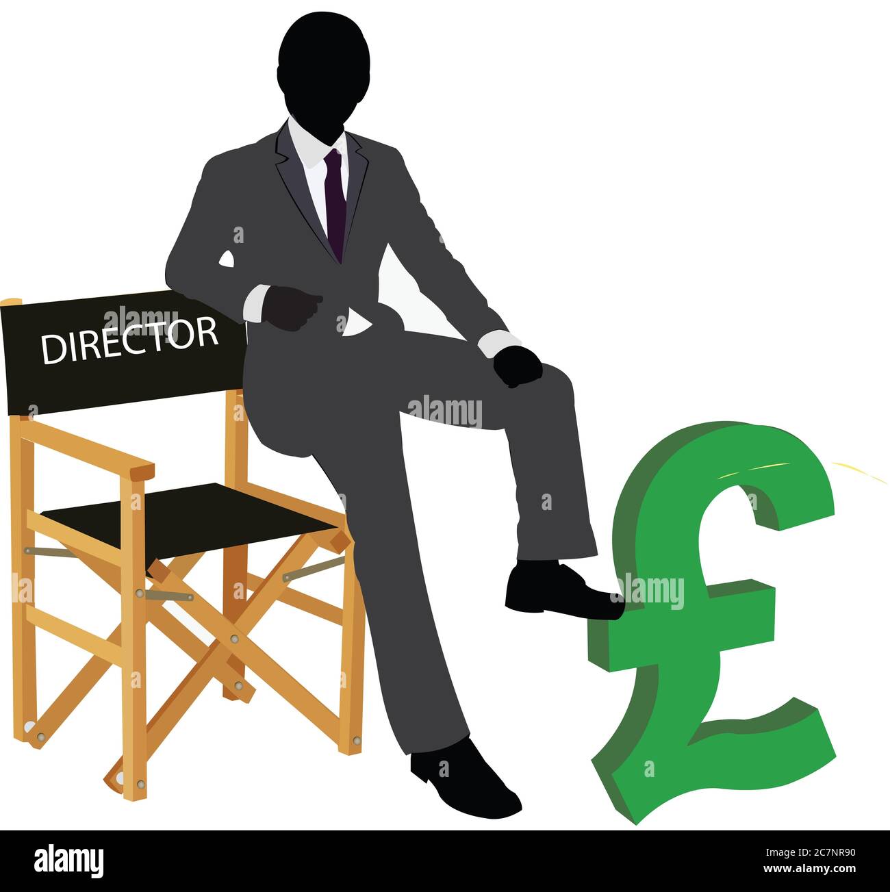 Illustrazione di un uomo seduto su una sedia del direttore con Il suo piede sul simbolo di valuta della sterlina britannica Foto Stock
