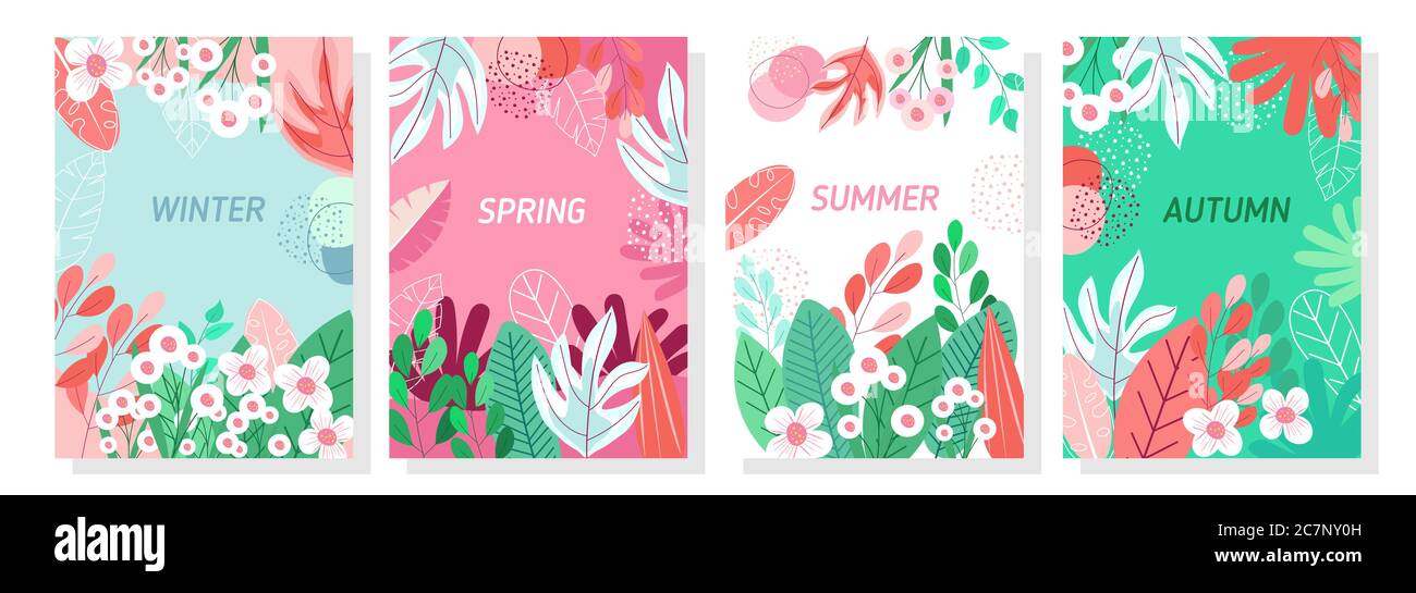 Vector Set sfondo floreale, natura sfondo, quattro stagioni, modello, banner, copertina, modelli, cartolina. Illustrazione Vettoriale