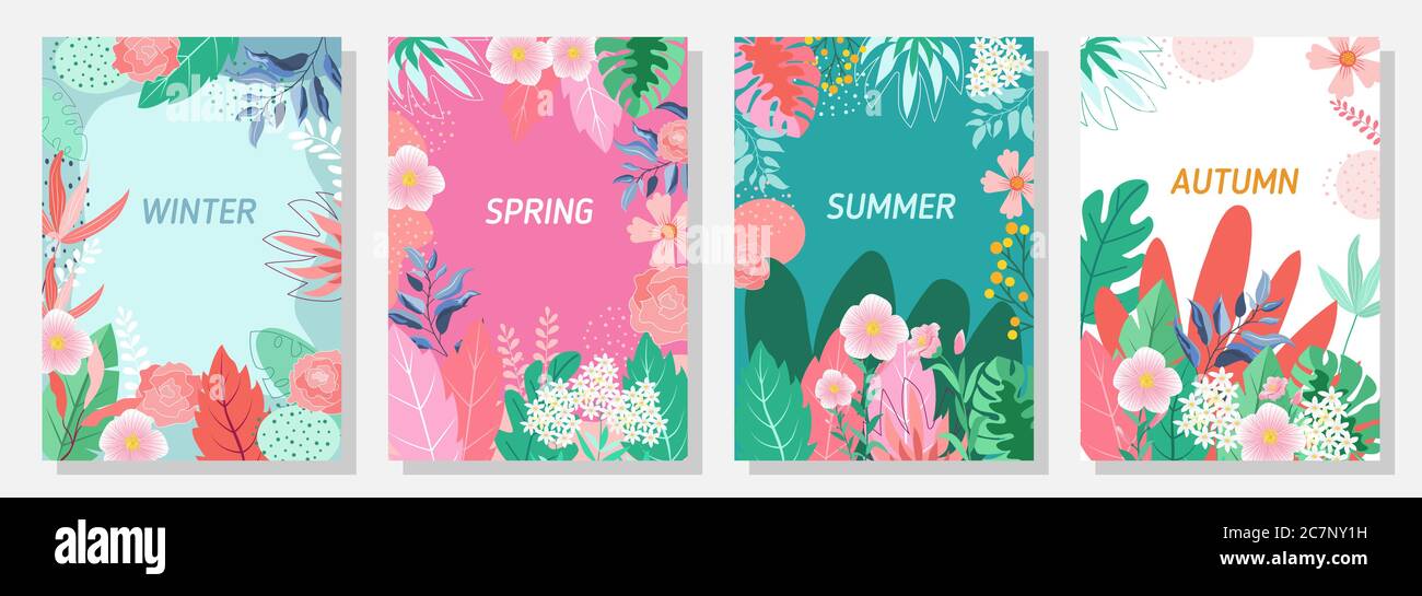 Vector Set sfondo floreale, natura sfondo, quattro stagioni, modello, banner, copertina, modelli, cartolina. Illustrazione Vettoriale