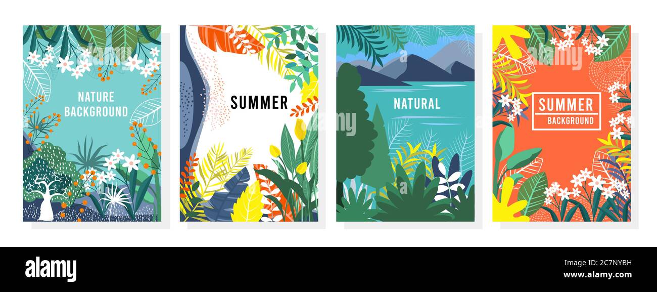 Vector Set sfondo floreale, natura sfondo, quattro stagioni, modello, banner, copertina, modelli, cartolina. Illustrazione Vettoriale
