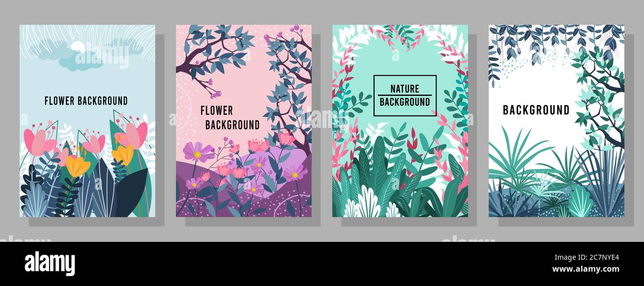 Vector Set sfondo floreale, natura sfondo, quattro stagioni, modello, banner, copertina, modelli, cartolina. Illustrazione Vettoriale