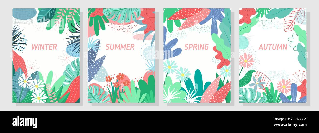 Vector Set sfondo floreale, natura sfondo, quattro stagioni, modello, banner, copertina, modelli, cartolina. Illustrazione Vettoriale