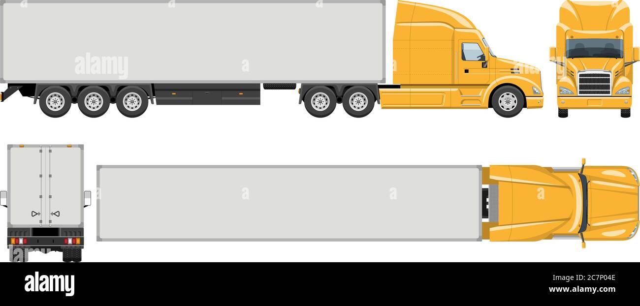 Modello vettoriale per autocarri semirimorchi con colori semplici senza gradienti ed effetti. Vista laterale, anteriore, posteriore e superiore Illustrazione Vettoriale