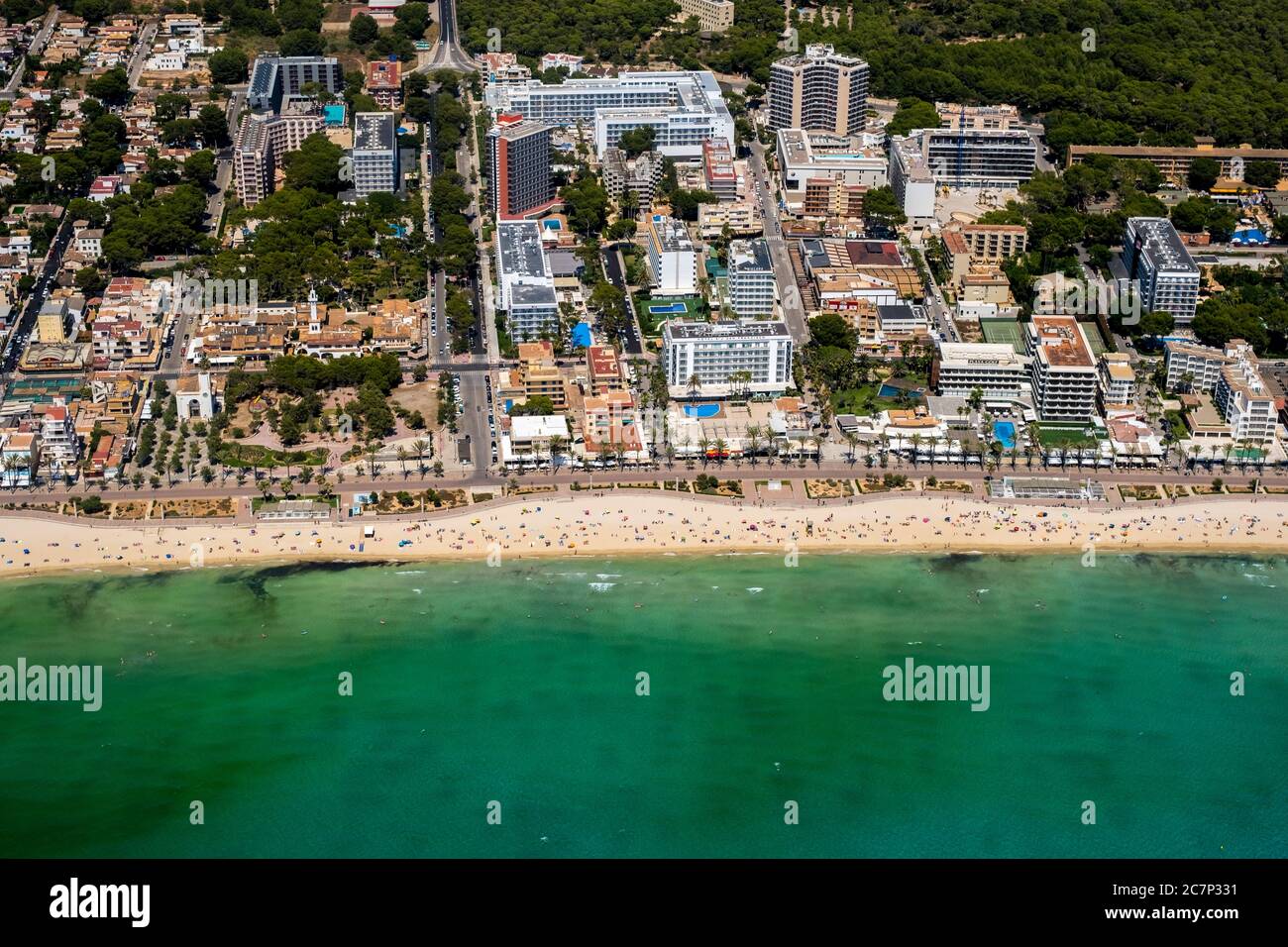 Foto aerea, spiaggia Arenal con Balneario 5, Balneario 6, Balneario 5, S'arenal, Arenal, Ballermann, Europa, Isole Baleari, Spagna, Palma, ES, trave Foto Stock