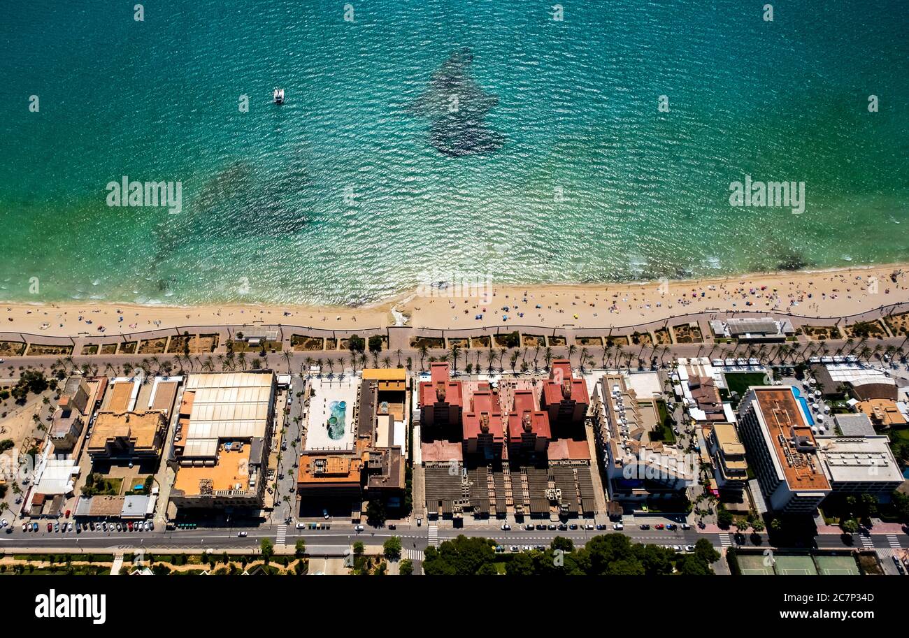 Vista aerea, discoteca Oberbayern, strada del prosciutto, strada della birra, spiaggia di Arenal con Balneario 5, Balneario 6, Balneario 5, S'arenal, Arenal, Ballermann Foto Stock