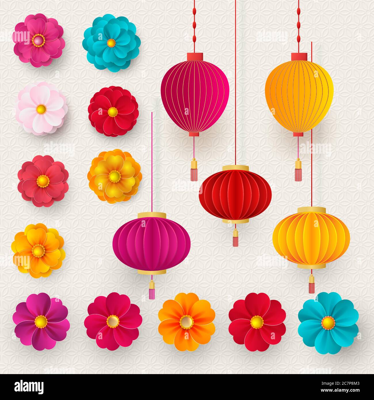 Vector cinese 3d carta taglio badge, nuvole e fiori sakura. Fiori e lanterne luminosi. Stile carta. Buon anno 2021 Vector Illustrazione Vettoriale