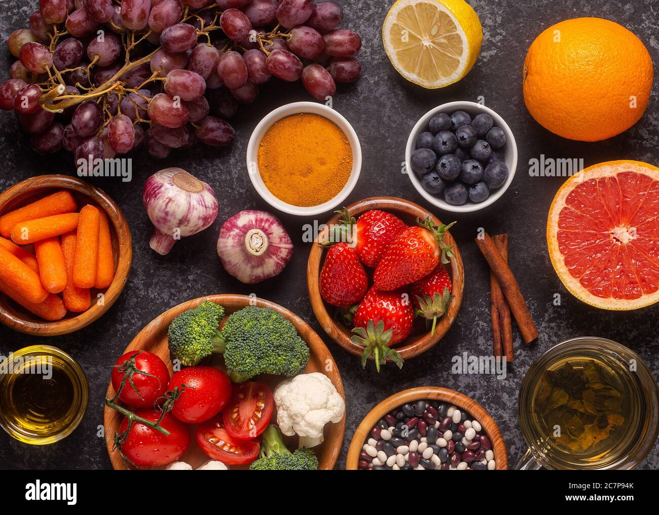 Alimenti che potrebbero ridurre il rischio di cancro, vista dall'alto Foto Stock