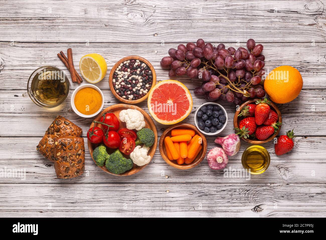 Alimenti che potrebbero ridurre il rischio di cancro, vista dall'alto Foto Stock