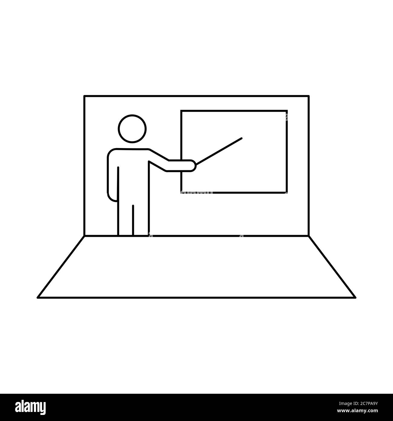 Insegnante online su un'icona di linea del laptop. Figura umana che punta alla lavagna bianca. Formazione online. Scuola domestica. Concetto di e-learning. Contorno nero Illustrazione Vettoriale