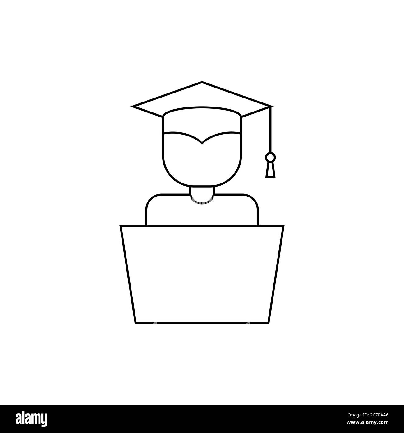 Studente con icona della linea del laptop. Ragazzo con un tappo graduato davanti al computer. Formazione online. Scuola domestica. Concetto di e-learning. Contorno nero Illustrazione Vettoriale