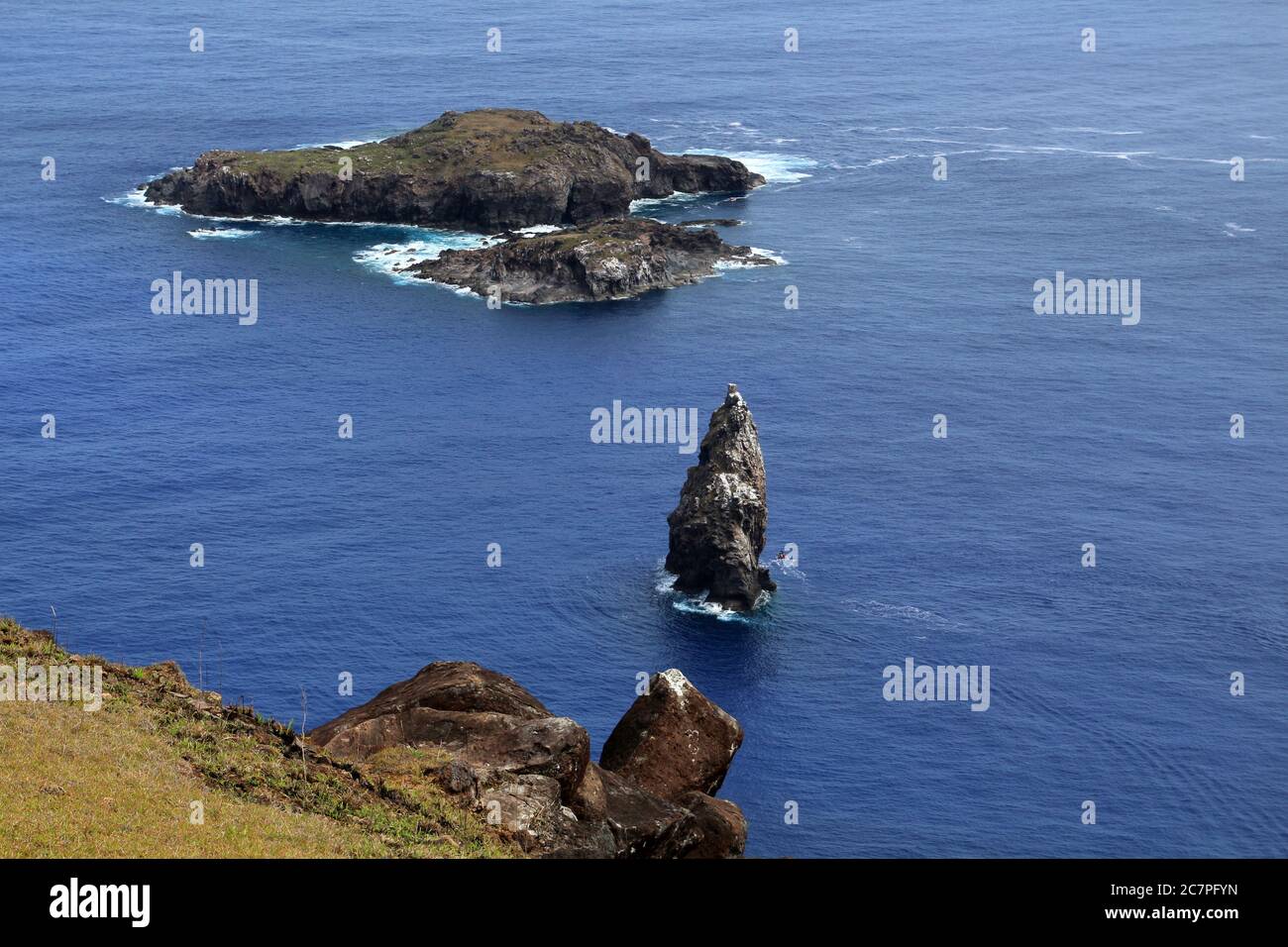 Isola di roccia Isola di Pasqua di Motu Nui, Cile, Sud America Foto Stock