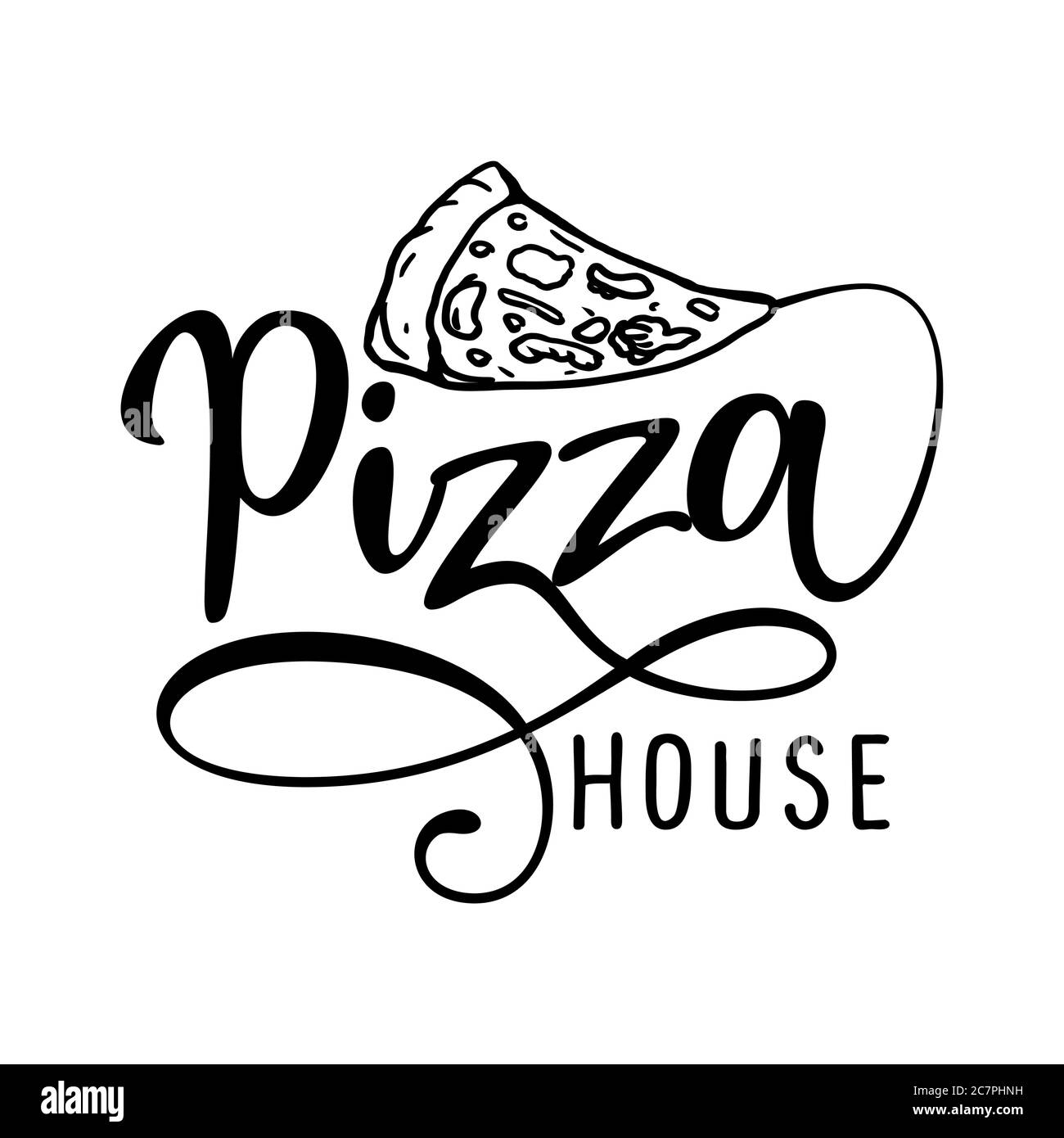 Logo della pizzeria - design per bar, ristoranti, pizzerie, volantini, carte da menù, inviti, adesivi, striscioni. Pennello dipinto a mano moderna calligrap Illustrazione Vettoriale