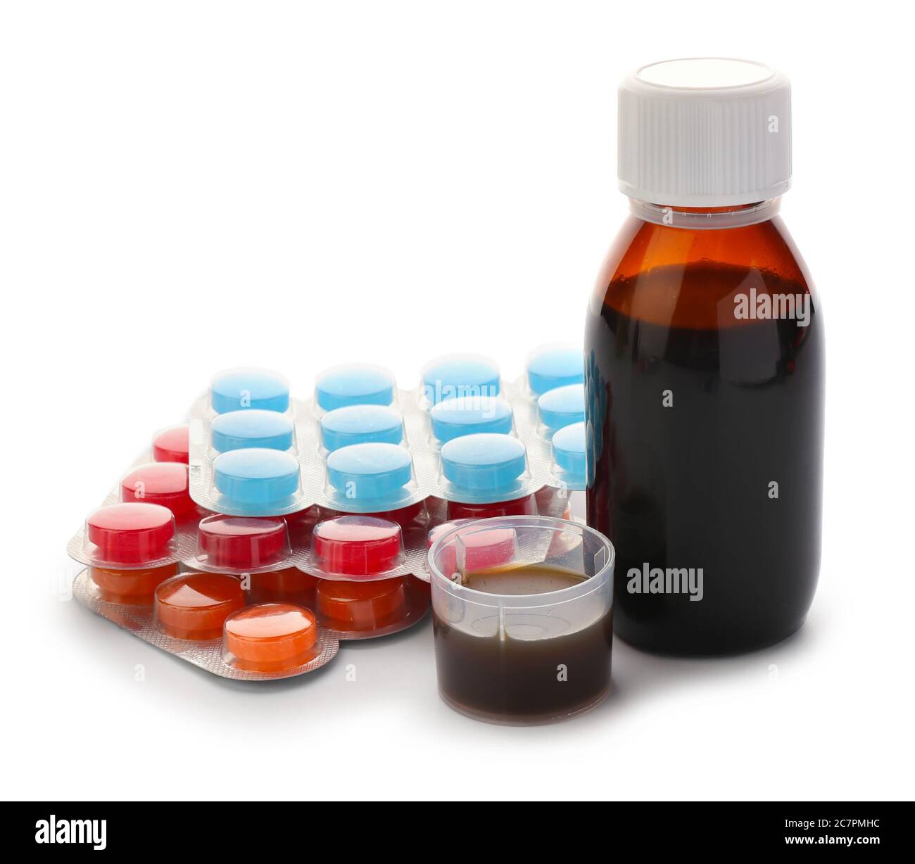 Medicinali per la tosse su sfondo bianco Foto Stock