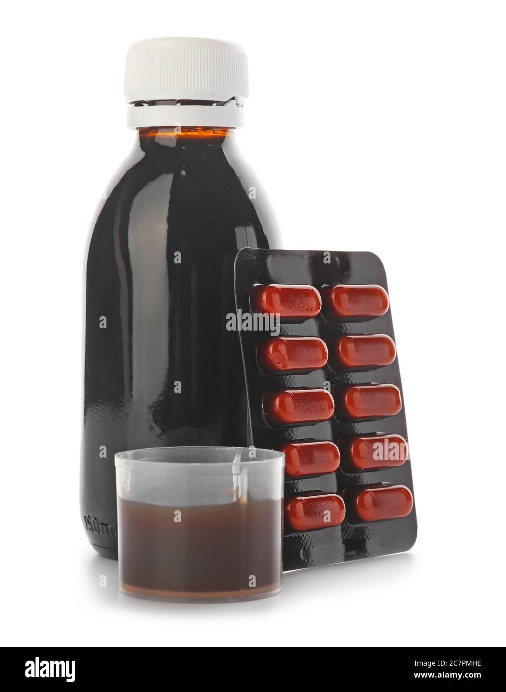 Medicinali per la tosse su sfondo bianco Foto Stock