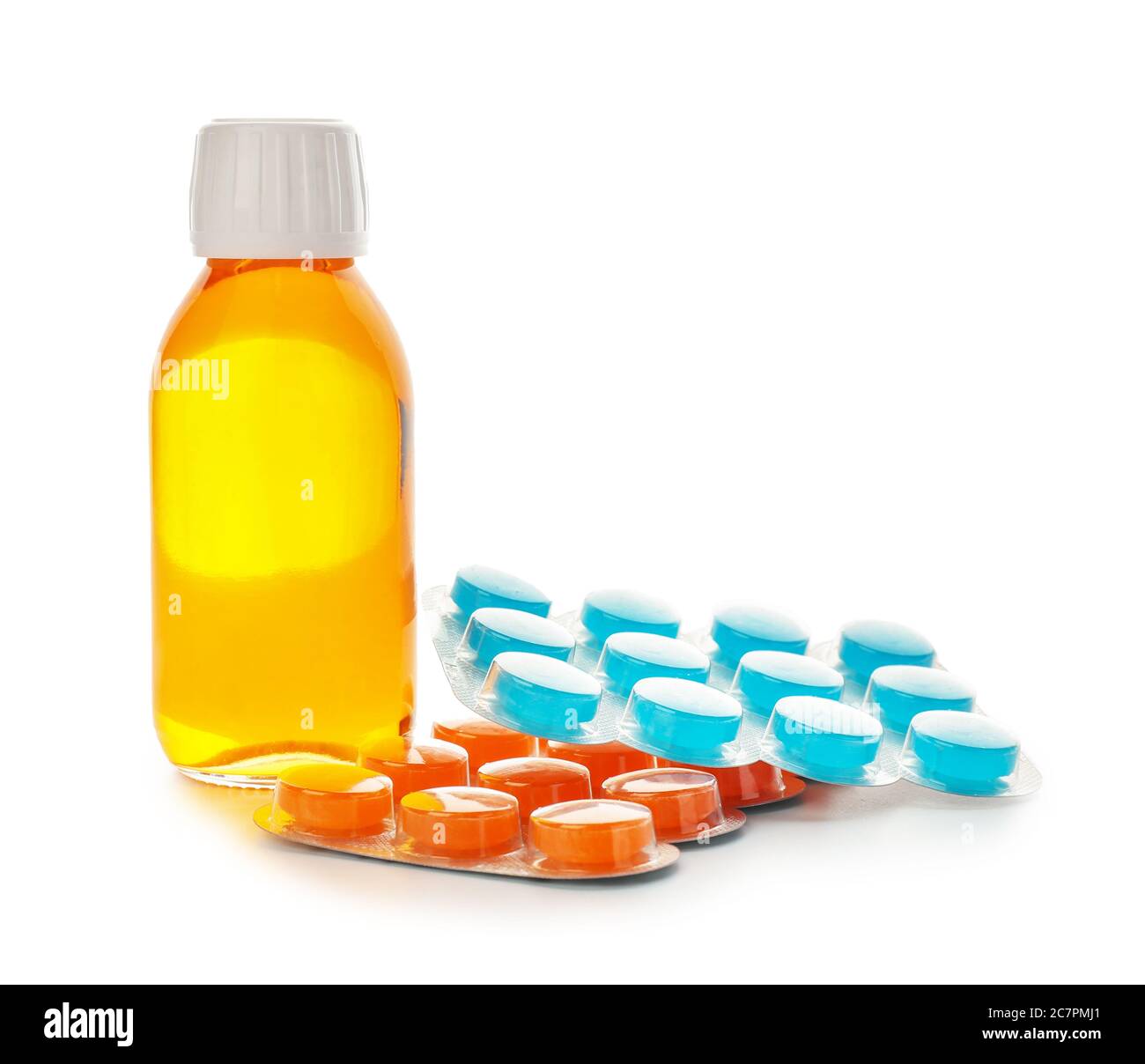 Medicinali per la tosse su sfondo bianco Foto Stock