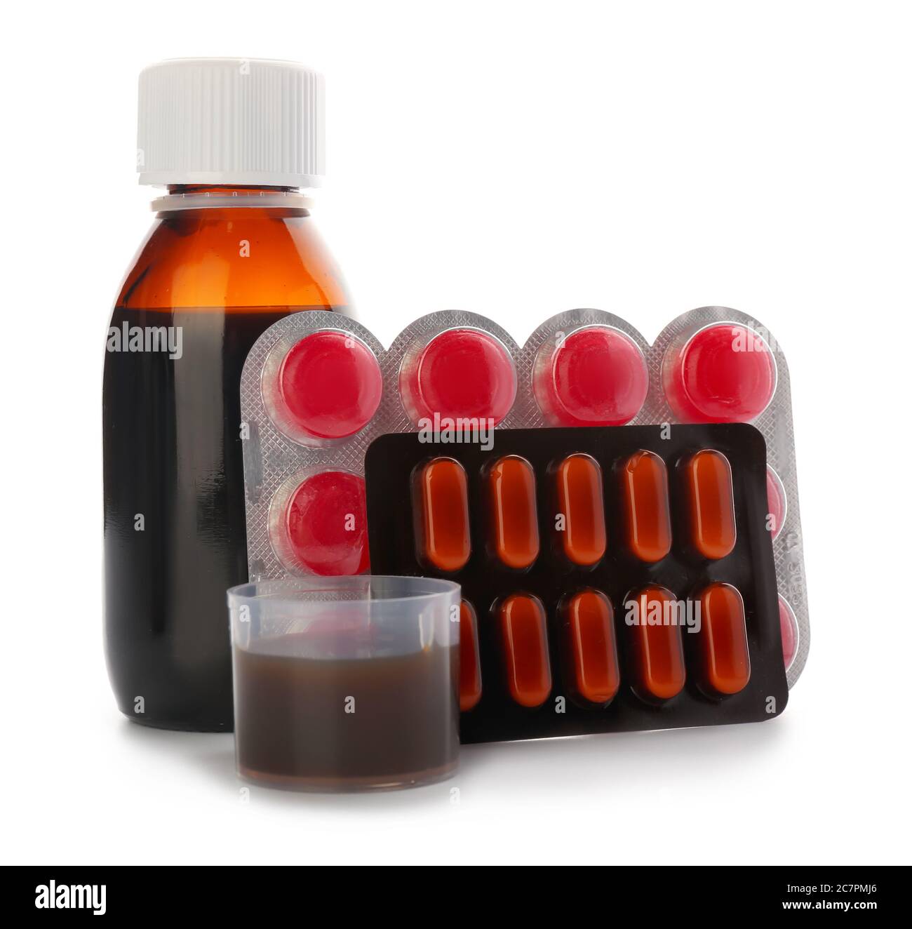 Medicinali per la tosse su sfondo bianco Foto Stock