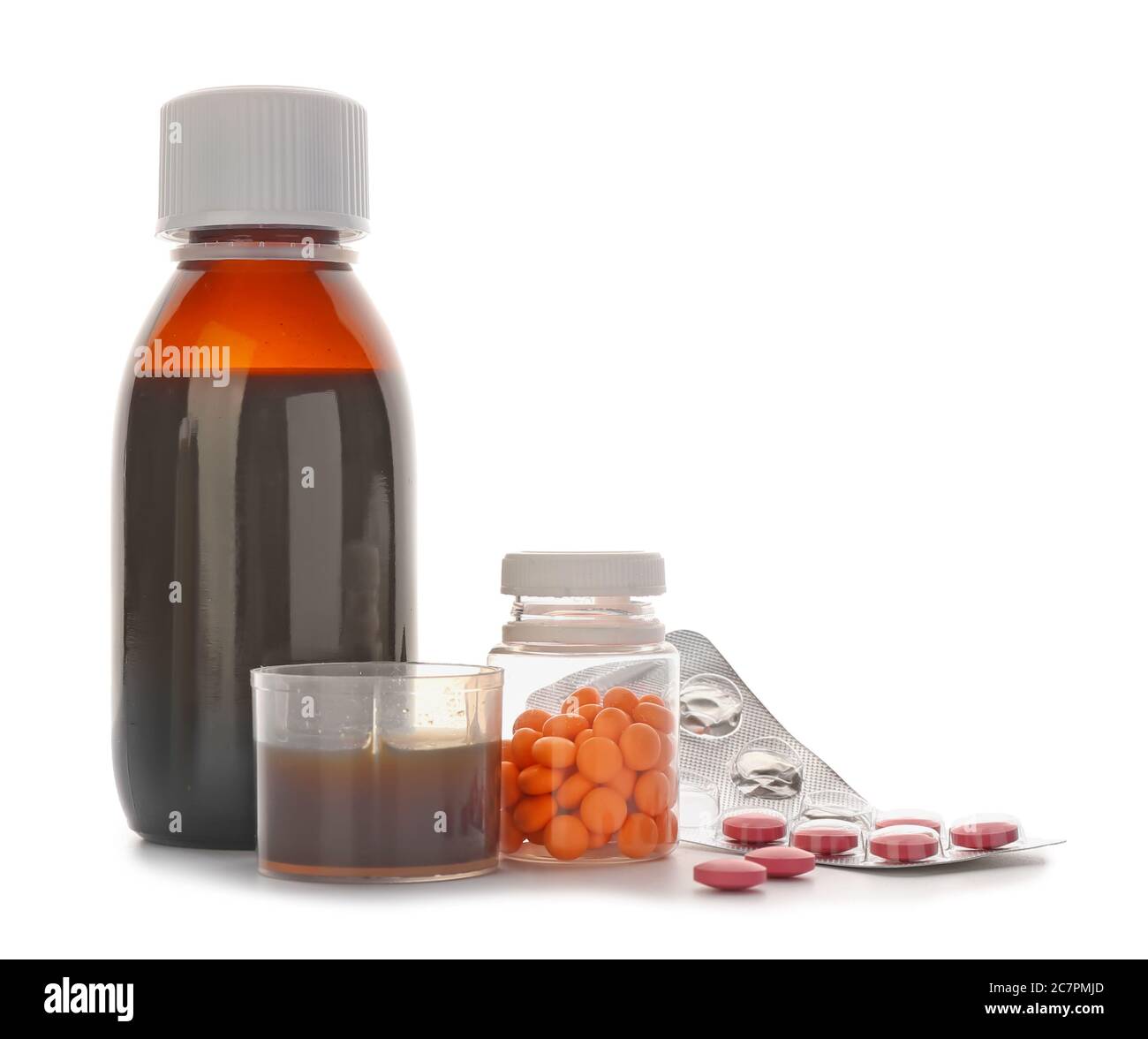 Medicinali per la tosse su sfondo bianco Foto Stock