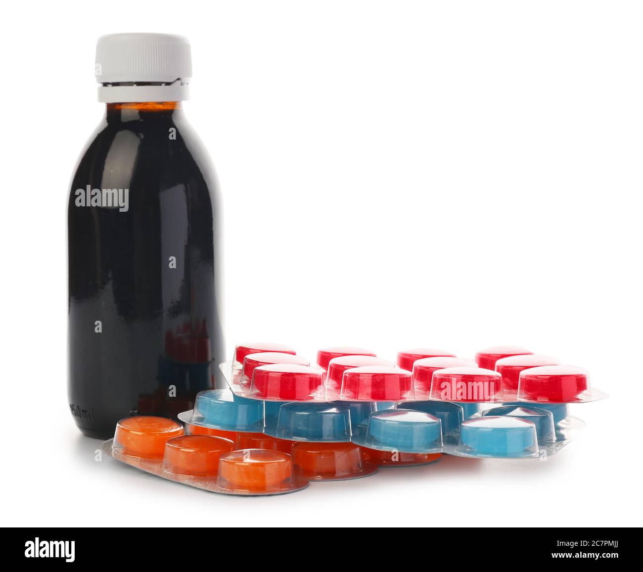 Medicinali per la tosse su sfondo bianco Foto Stock