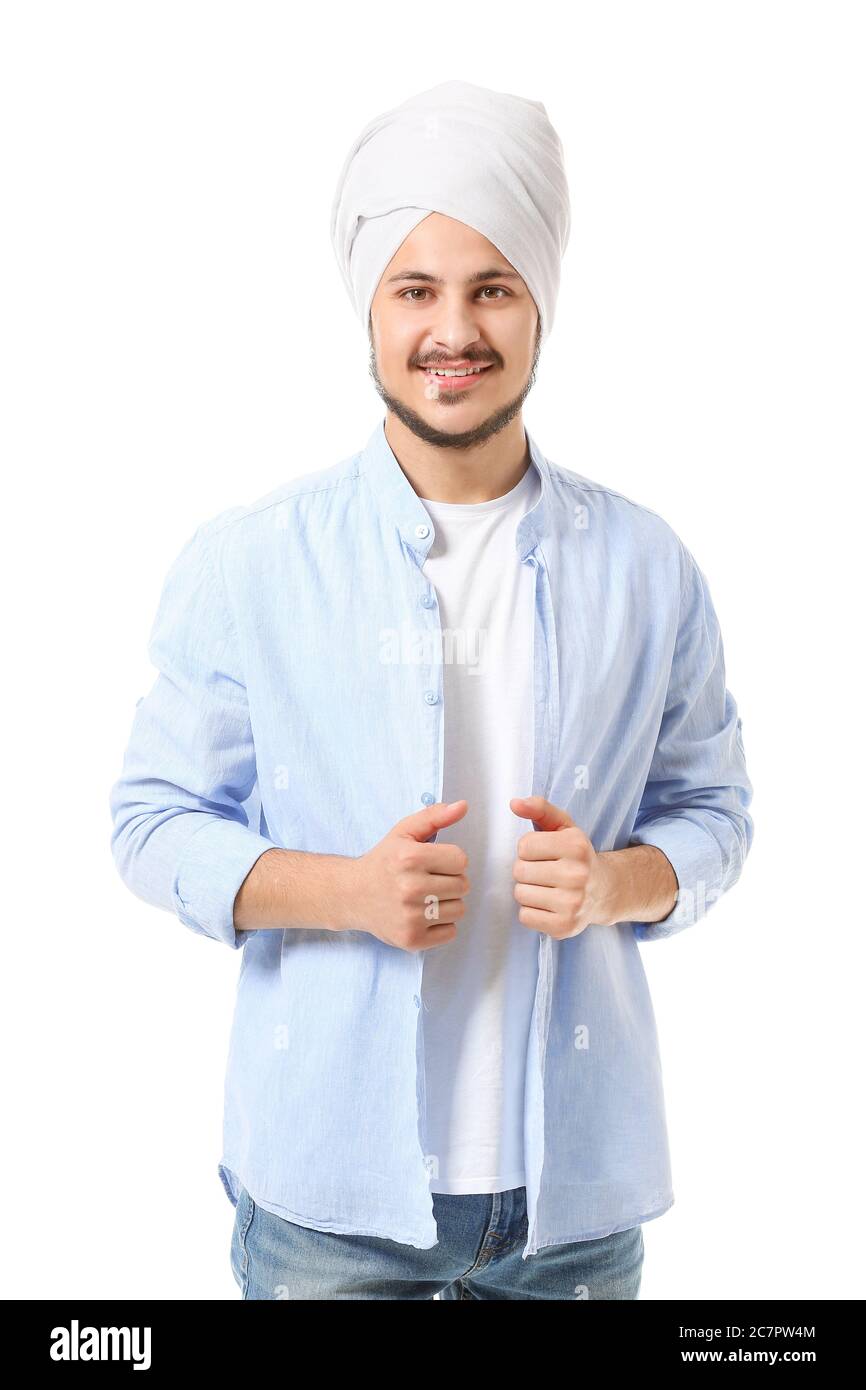 Bel giovane indiano su sfondo bianco Foto Stock