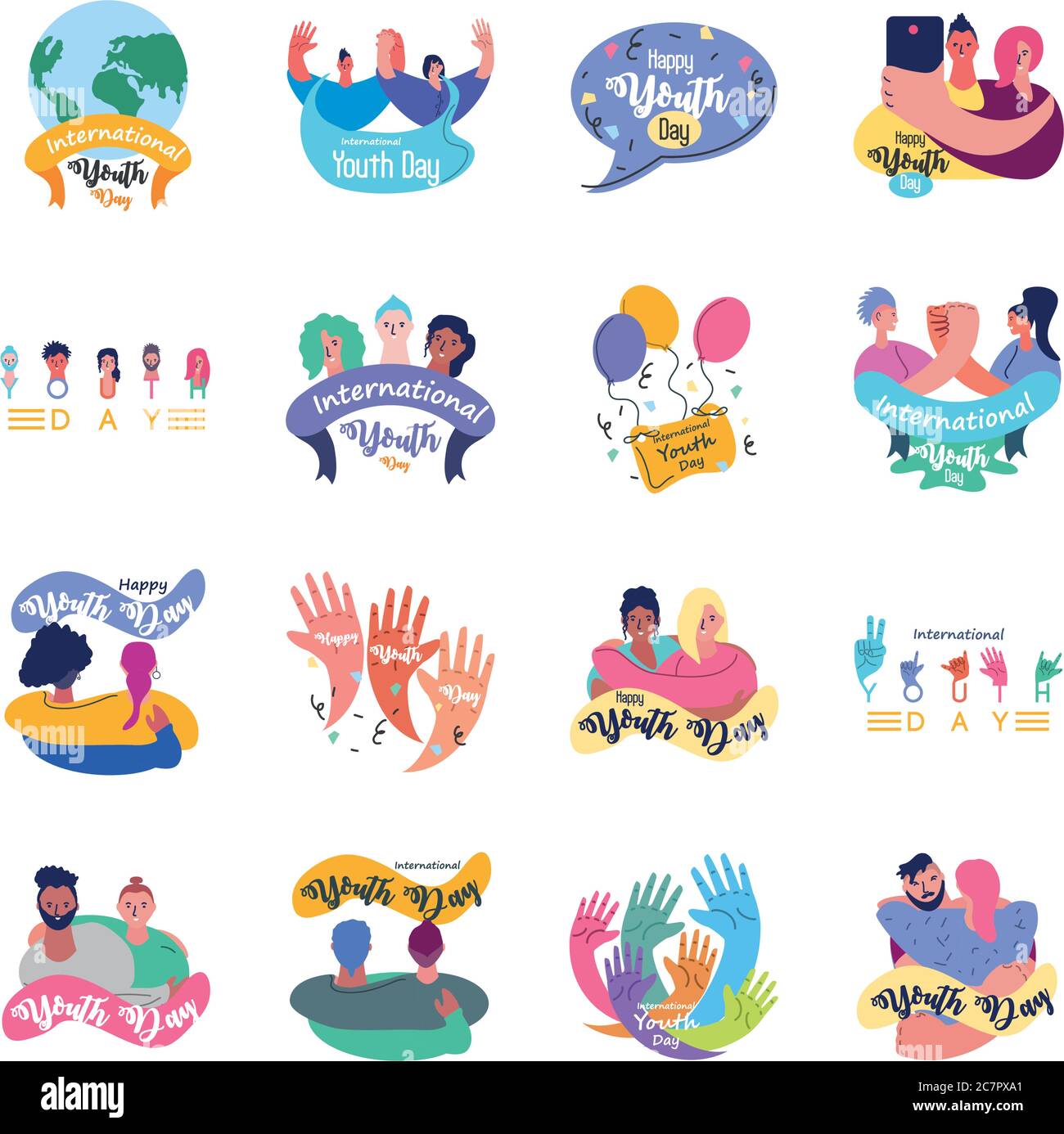 set di simboli della celebrazione internazionale della giornata giovanile disegno vettoriale illustrazione Illustrazione Vettoriale