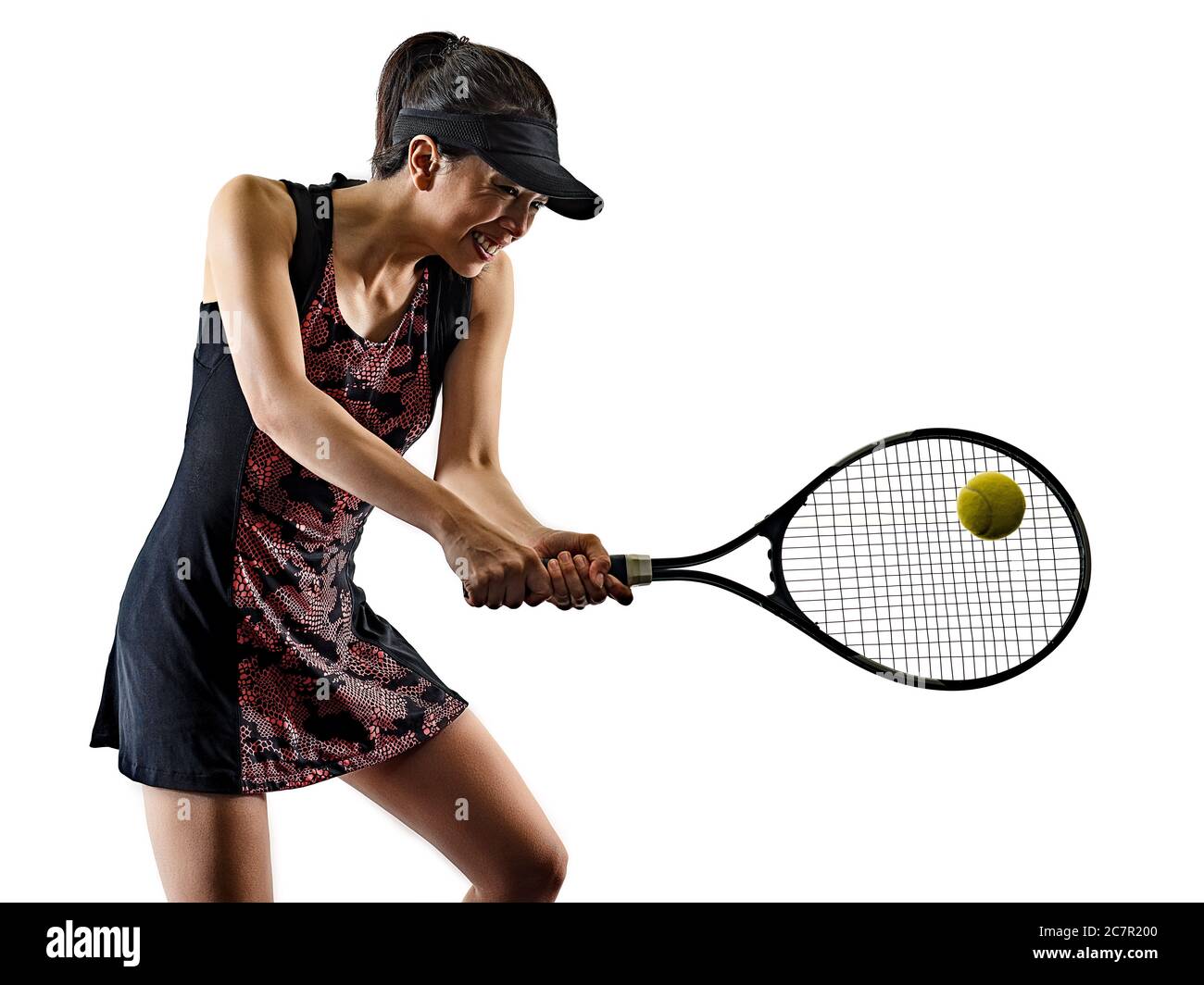 un giovane giocatore di tennis asiatico donna isolata in studio silhouette su brackground bianco Foto Stock