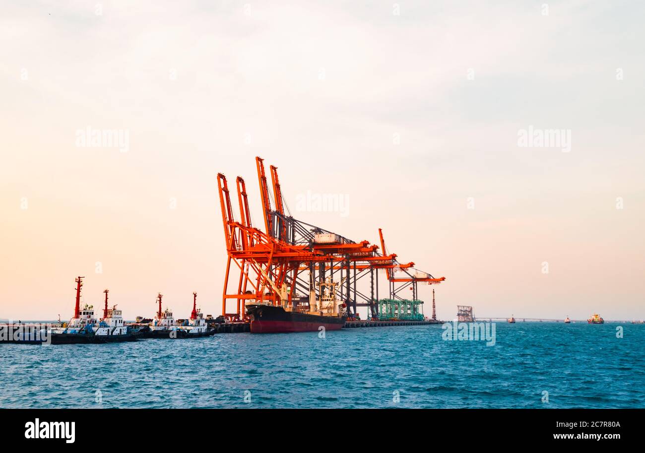 Quay gru in piedi sul molo porto. Attrezzature per la movimentazione di container, macchinari pesanti per l'industria logistica dei container Foto Stock