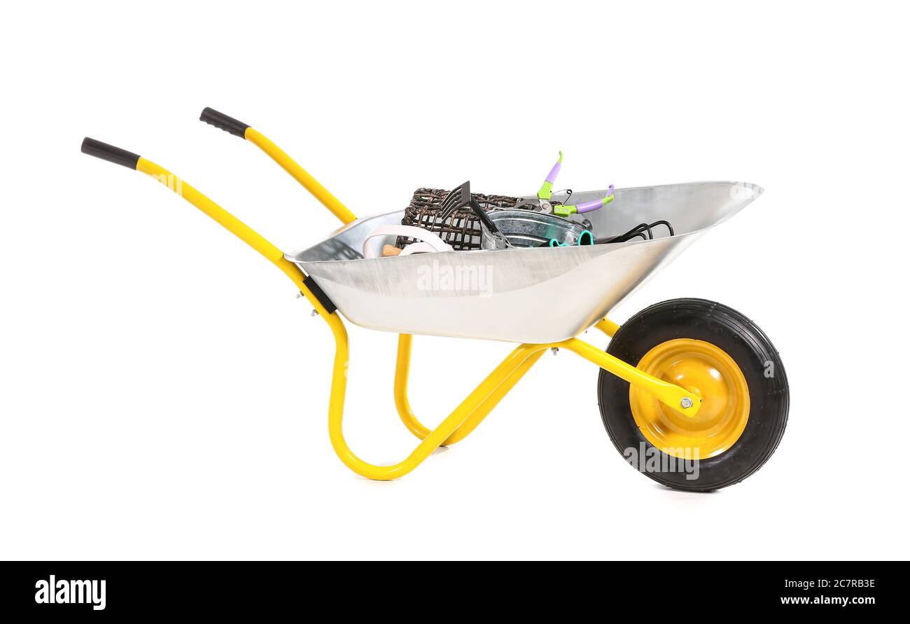 Set di forniture per il giardinaggio su sfondo bianco Foto Stock