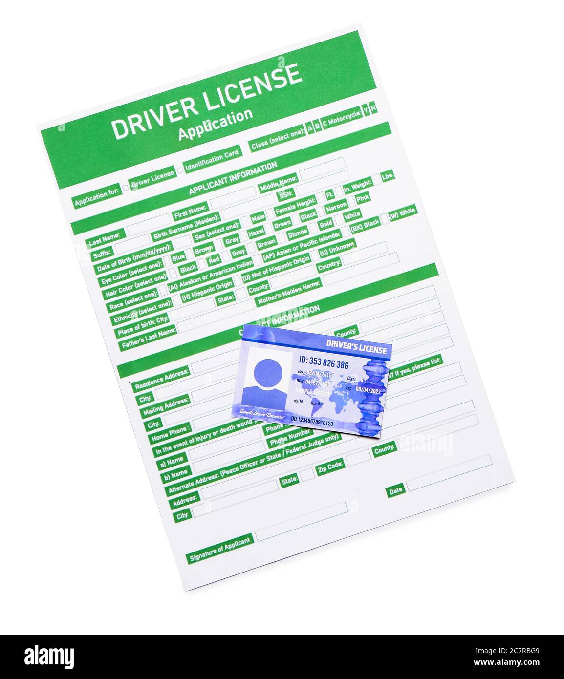 Patente di guida con modulo di richiesta su sfondo bianco Foto Stock