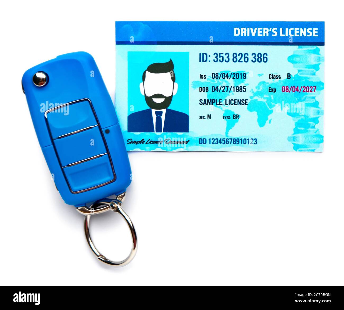 Patente di guida con chiave auto su sfondo bianco Foto Stock