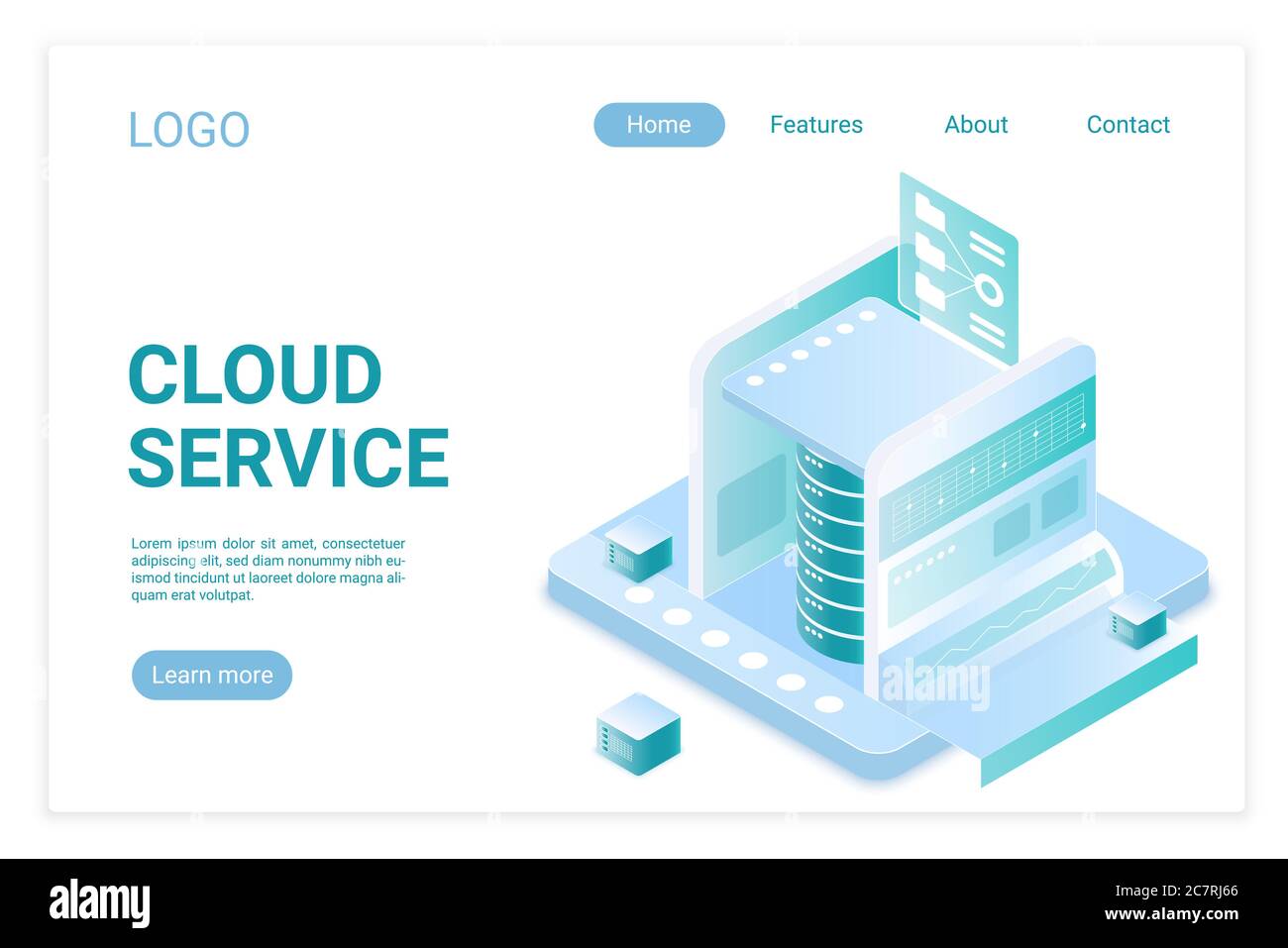 Modello vettoriale isometrico della landing page della tecnologia Big Data. Server Internet, tecnologia wireless. Memorizzazione di informazioni e database. Sito web dell'apparecchiatura hardware del computer home layout 3d Illustrazione Vettoriale