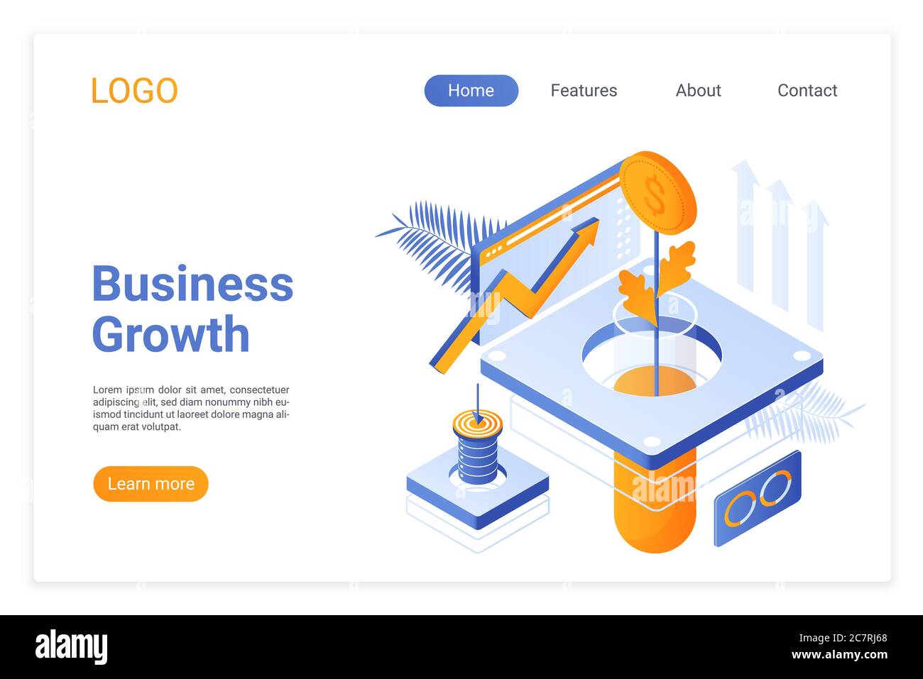 Modello di landing page isometrica per la crescita aziendale. Strategia di sviluppo aziendale. Albero di denaro che cresce in tubo di laboratorio, metafora di stabilità finanziaria. Aumento del layout di progettazione di pagine di siti Web di soluzioni di reddito Illustrazione Vettoriale