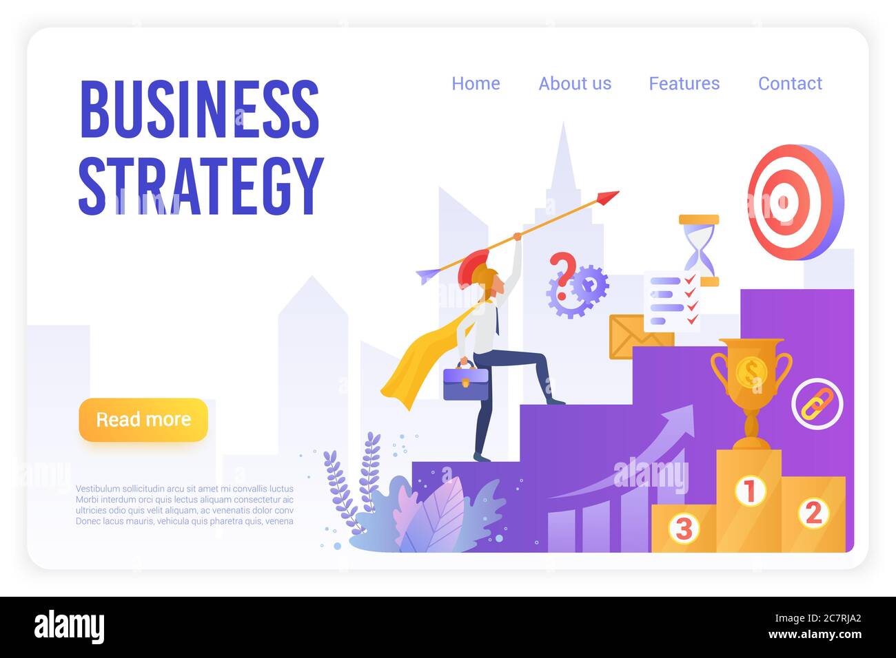 Modello di landing page vettoriale piatto per strategia aziendale. Lavoratore in ufficio che indossa la testa romana mirante al bersaglio, lottando per la metafora di successo. Layout di progettazione della pagina del sito Web del piano di sviluppo aziendale Illustrazione Vettoriale