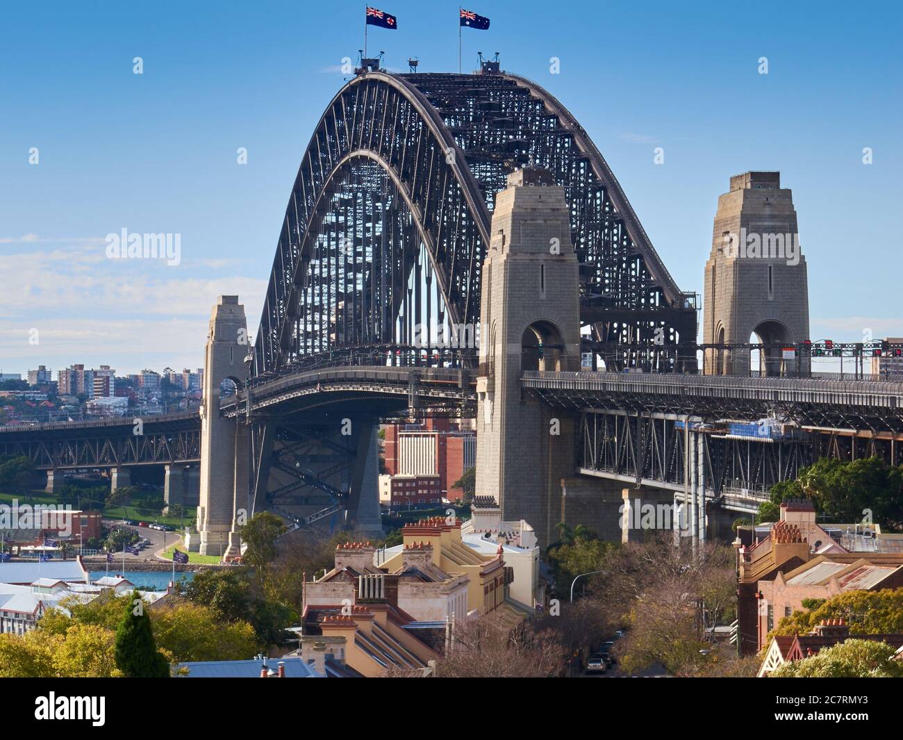 Sydney Harbour Bridge vista da Observatory Hill, The Rocks, Sydney. Foto Stock