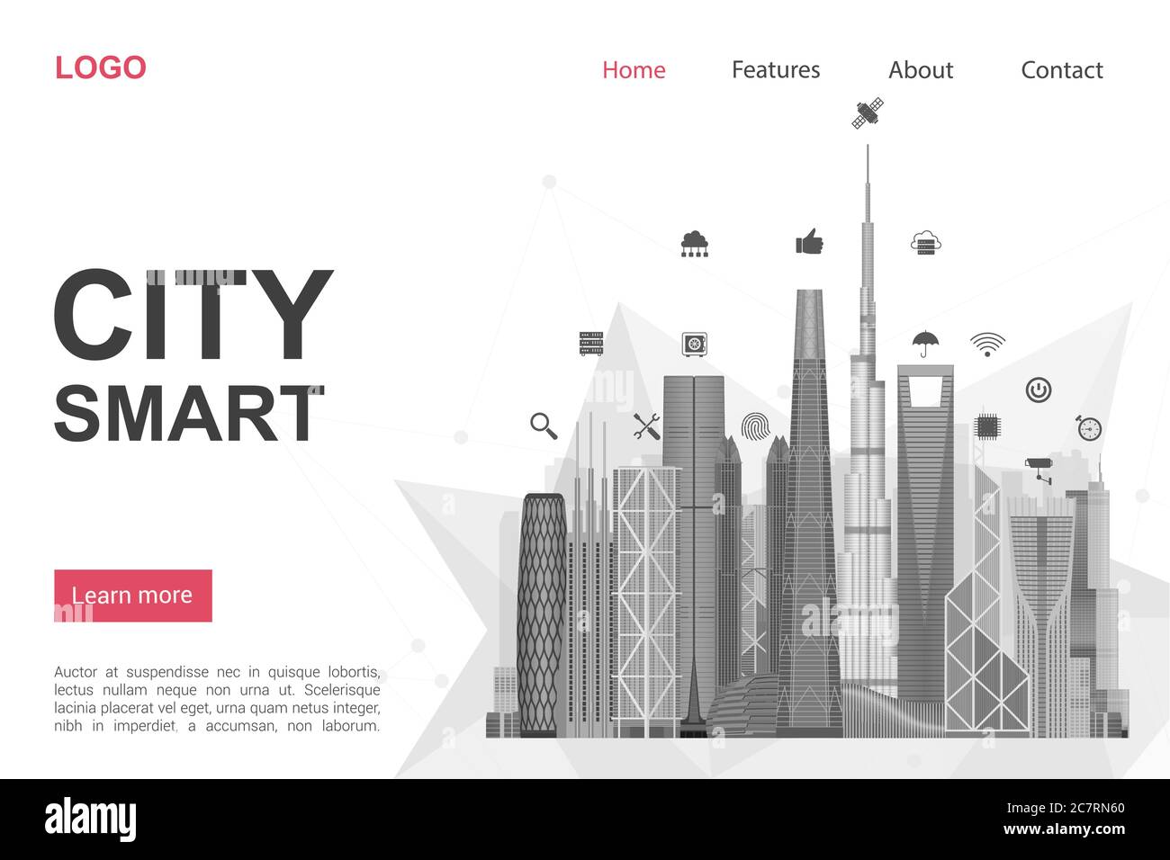 Modello vettoriale della pagina di destinazione futuristica della città. Idea di interfaccia di homepage di un sito web di tecnologia intelligente moderna con illustrazione vettoriale monocromatica. Rete Internet urbana, concetto piatto di banner Web IOT Illustrazione Vettoriale
