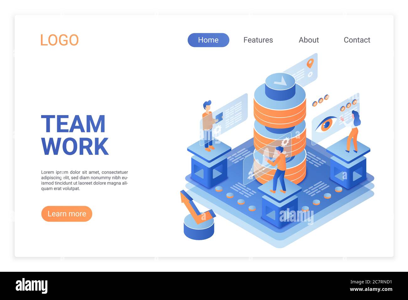 Modello vettore isometrico della pagina di destinazione del team Working. Analisi del mercato azionario, monitoraggio del concetto di banner Web 3d. Marketing e analisti lavoro di squadra. Innovazione aziendale, layout della home page del sito di analisi. Illustrazione Vettoriale