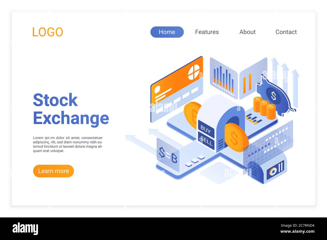 Modello di landing page isometrica per la borsa. Acquisto e vendita di carte di investimento promo banner web. Tecnologie digitali nella gestione dei mercati finanziari. Layout di progettazione di pagine di servizi di broker Illustrazione Vettoriale